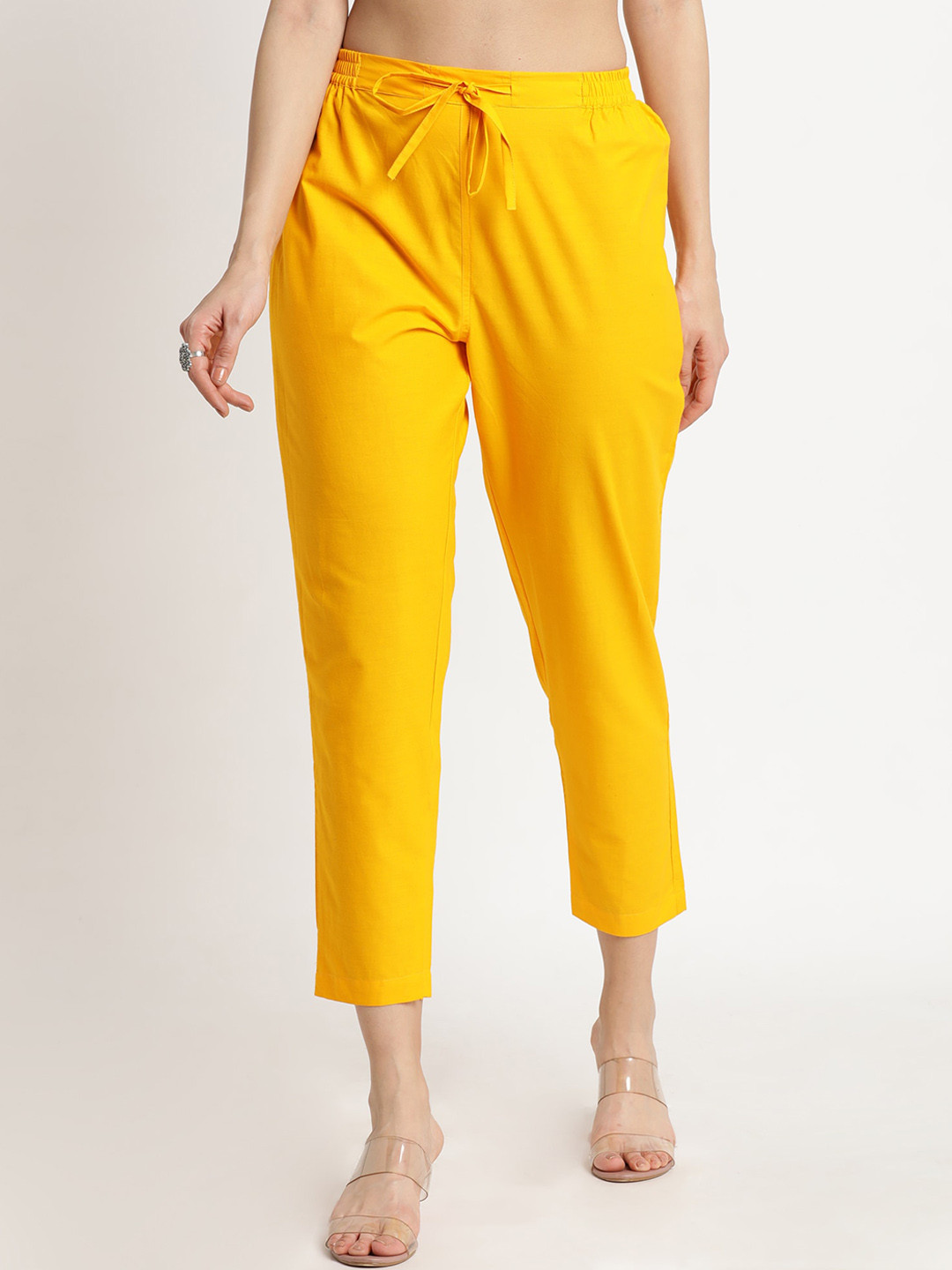 

FLAVIDO Women Yellow Cotton Solid Trousers