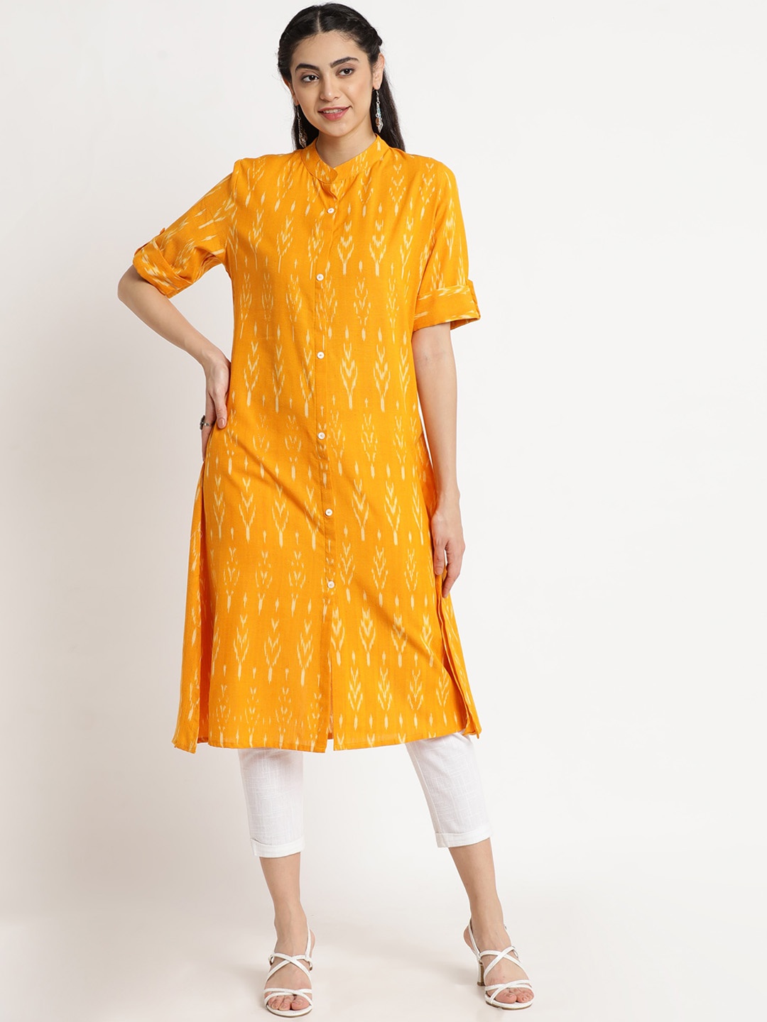 

FLAVIDO Printed Cotton A-Line Kurta, Yellow