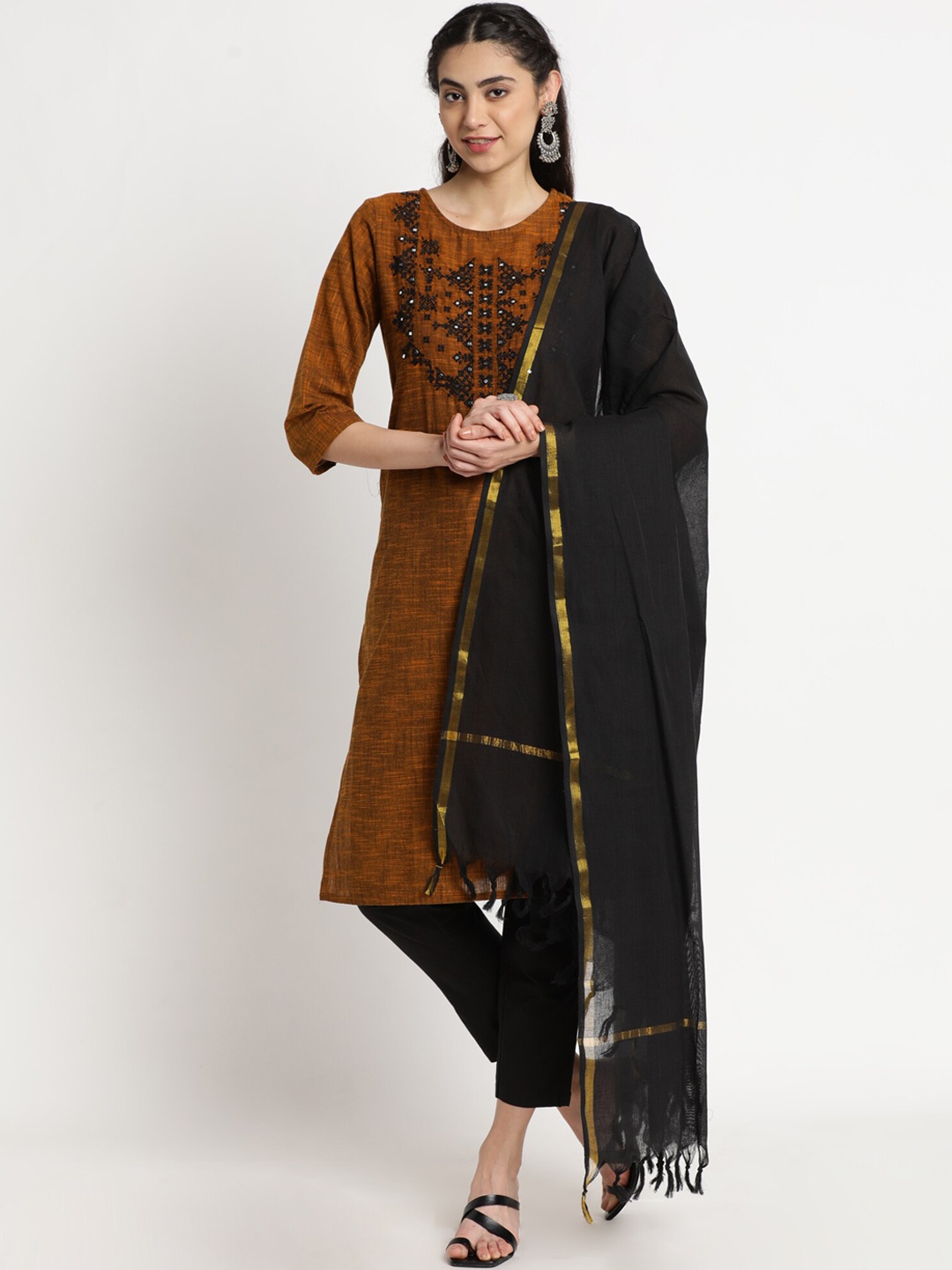 

FLAVIDO Women Brown Floral Embroidered Mirror Work Kurta &Trouser & Dupatta