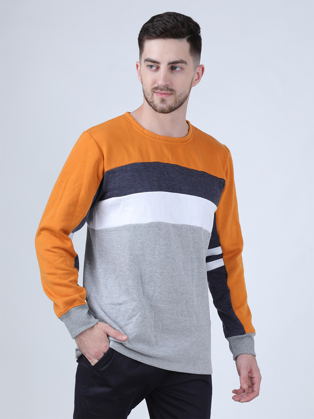 

PAUSE SPORT Men Mustard & Grey Colourblocked Cotton Sweatshirt