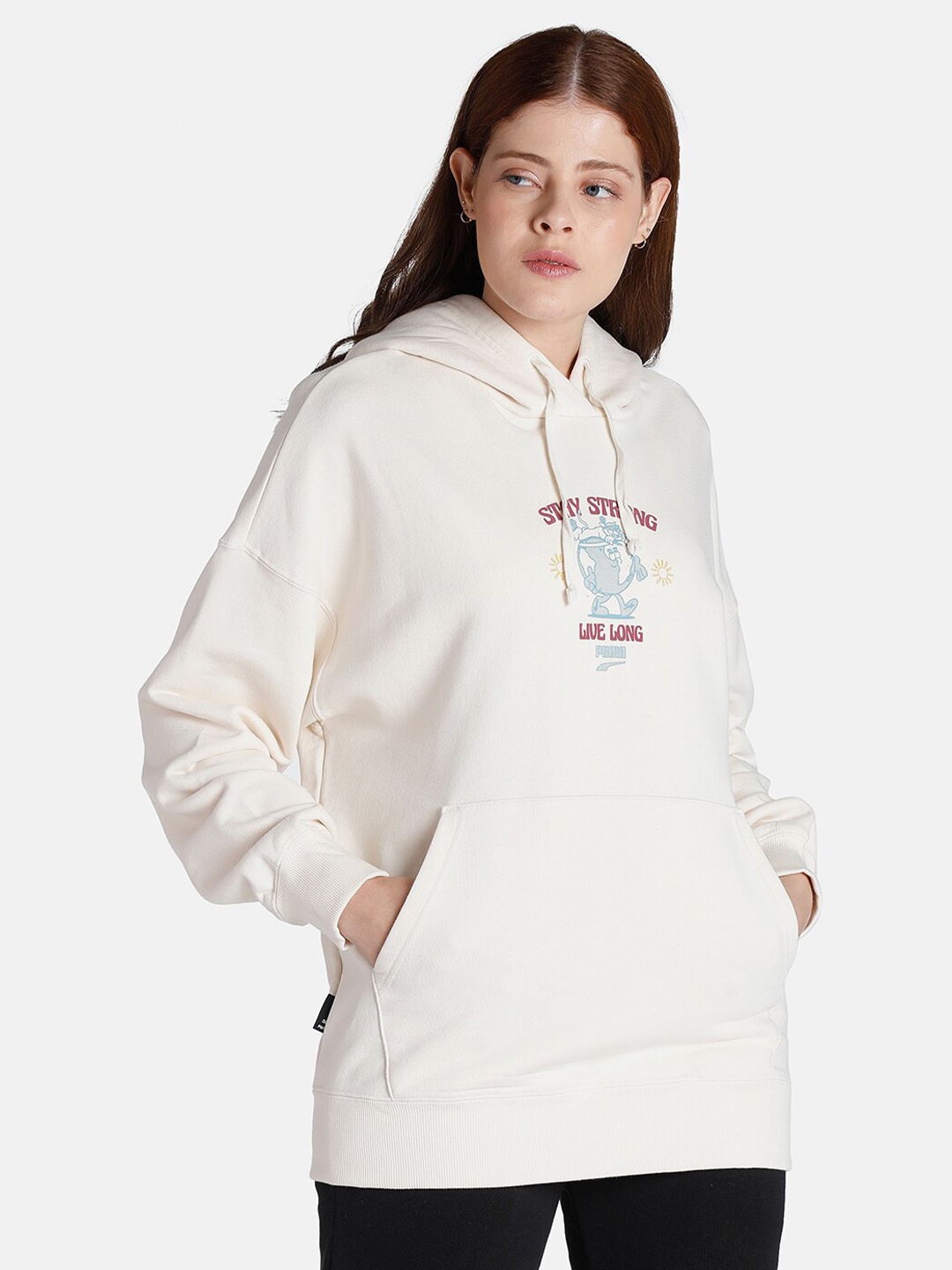 

Puma Women Cream-Coloured Downtown Graphic Printed Hooded Oversized Sweatshirt