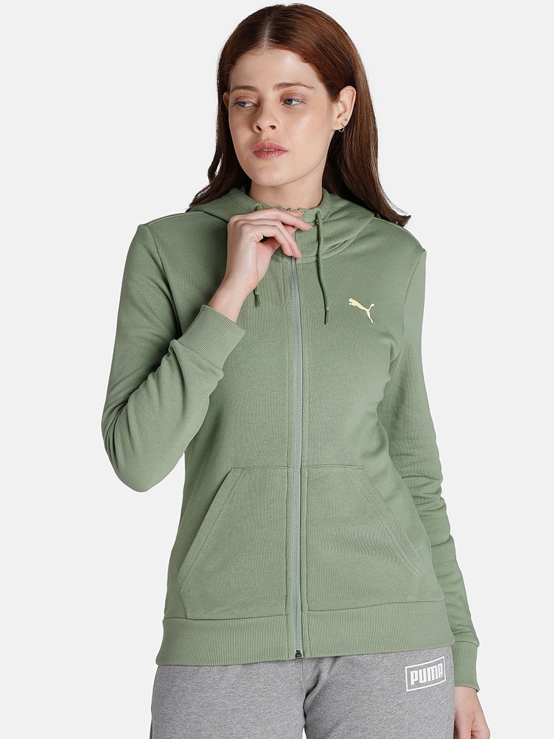 

Puma Women Green Solid Cotton PUMA Full-Zip Hooded Regular Fit Bomber Jacket