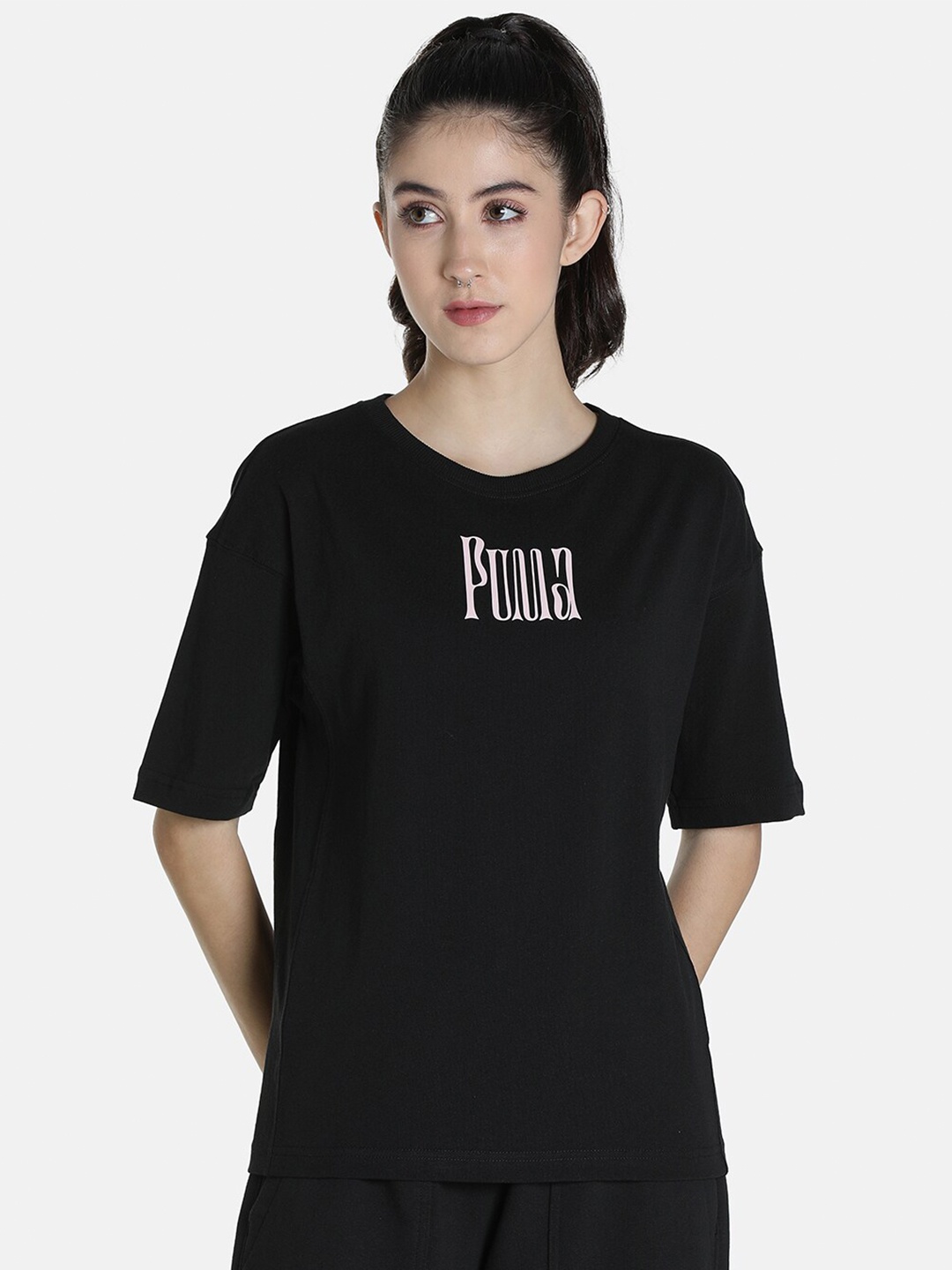 

Puma Women Black Downtown Graphic Cotton T-Shirt