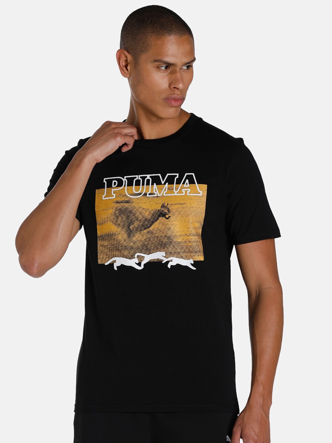 

Puma Men Black & Brown Timeout Short Sleeve Basketball Cotton Printed T-shirt