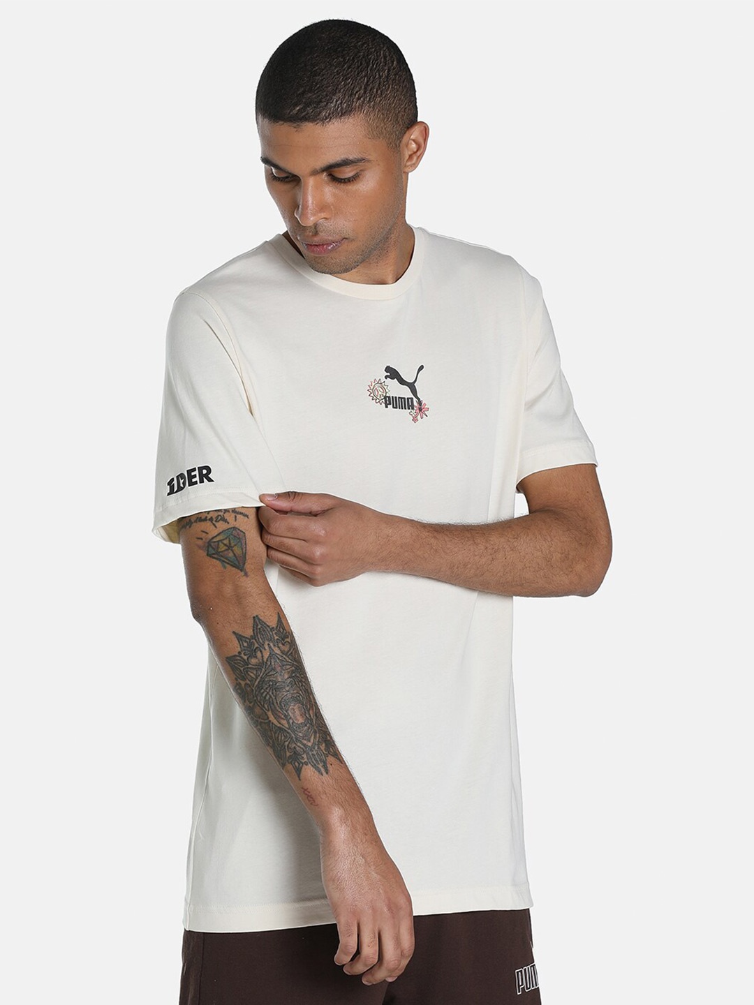 

PUMA X 1DER Printed KL Rahul Feel Good Cotton Solid Regular Fit T-shirt, White