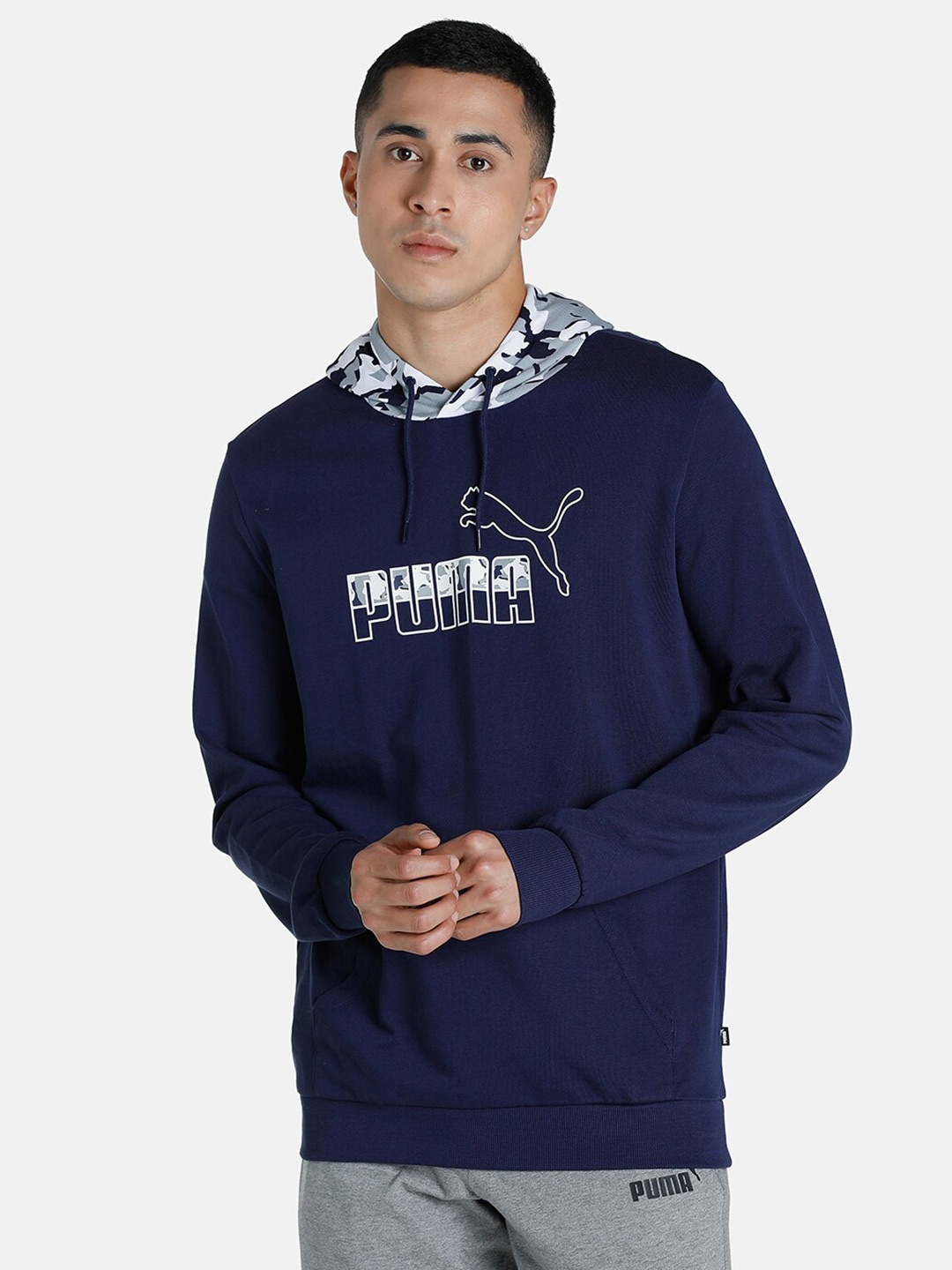 

Puma Men Navy Blue Core Camo Graphic Printed Hooded Sweatshirt