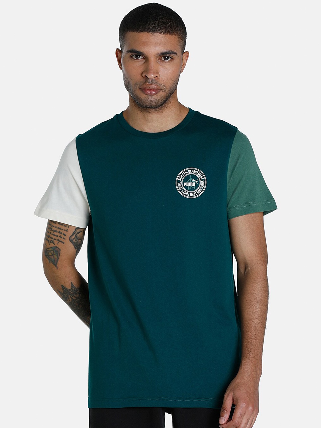 

Puma Men Slim Fit 1DER KL Rahul Varsity Cotton Colourblocked T-shirt, Green