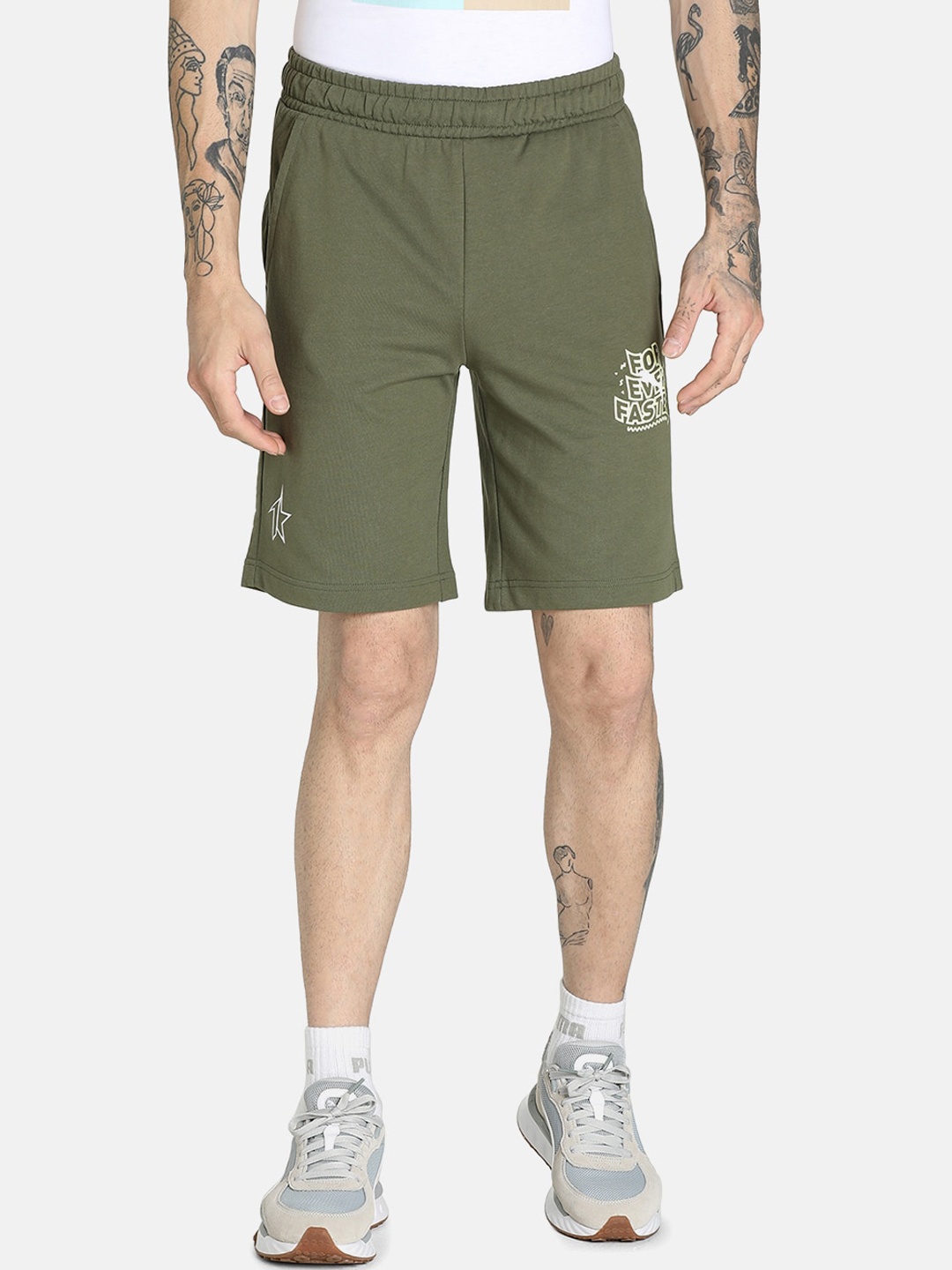 

Puma Men Green 1DER KL Rahul Graphic Cotton Outdoor Sports Shorts