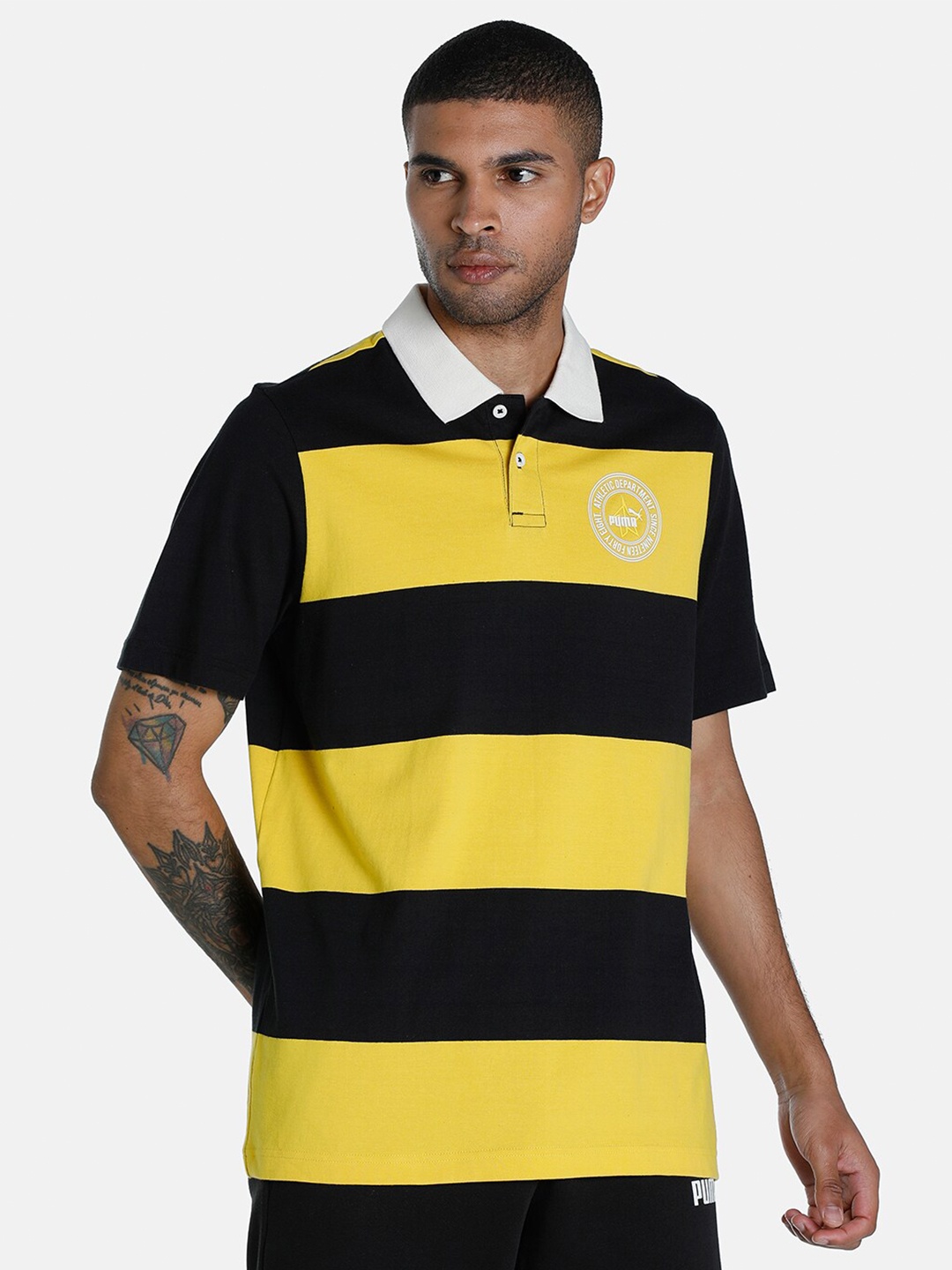 

Puma Men Yellow & Black 1DER KL Rahul Varsity Cotton Striped T-shirt