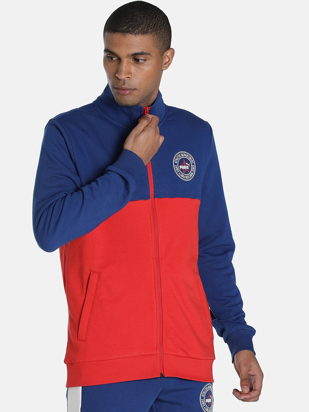 

Puma Men Red & Blue Colourblocked X 1DER KL Rahul Varsity Cotton Outdoor Sporty Jacket