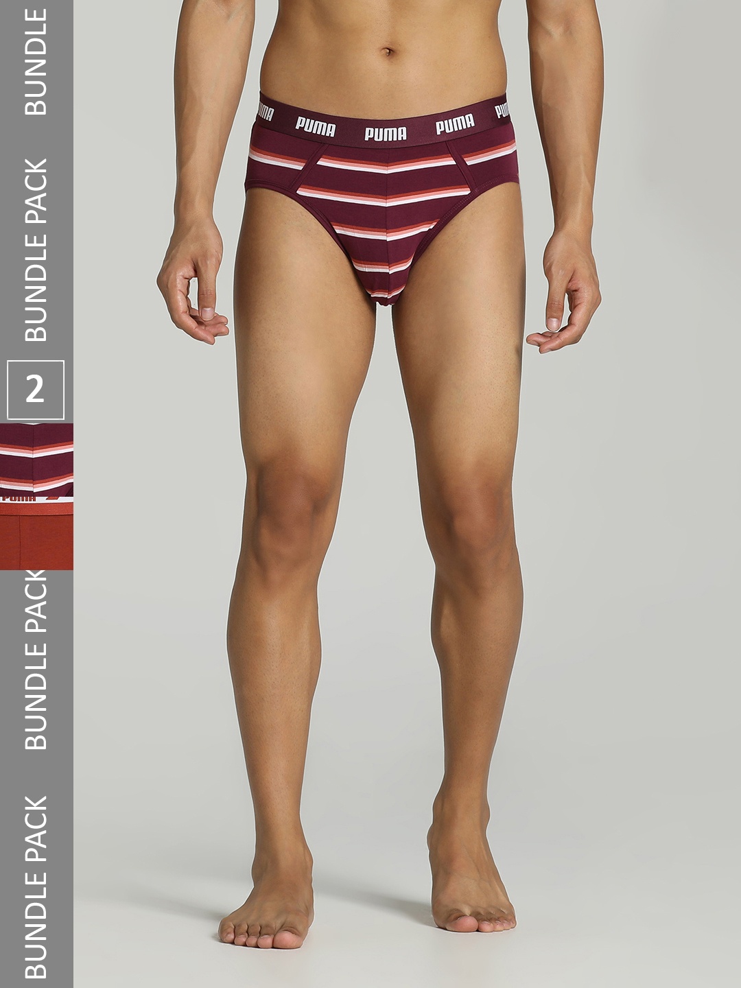 

PUMA Men Pack Of 2 Burgundy & Brown Solid Cotton Stretch Star Basic Briefs