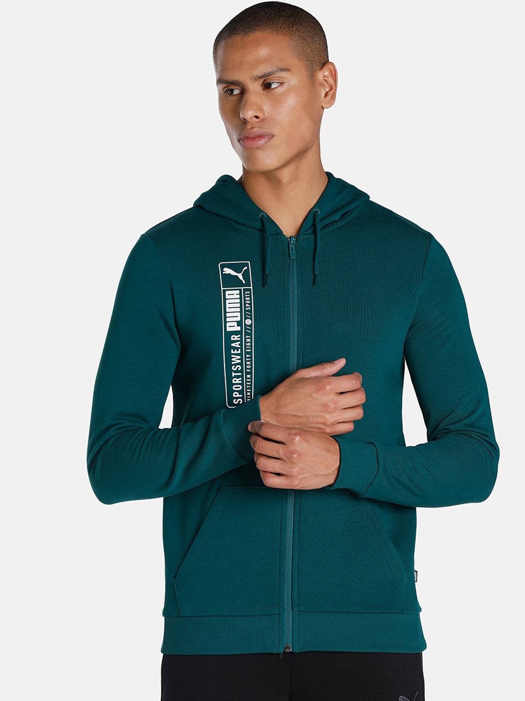 

Puma Men Green Futuristic Logo Hooded Slim Fit Jacket