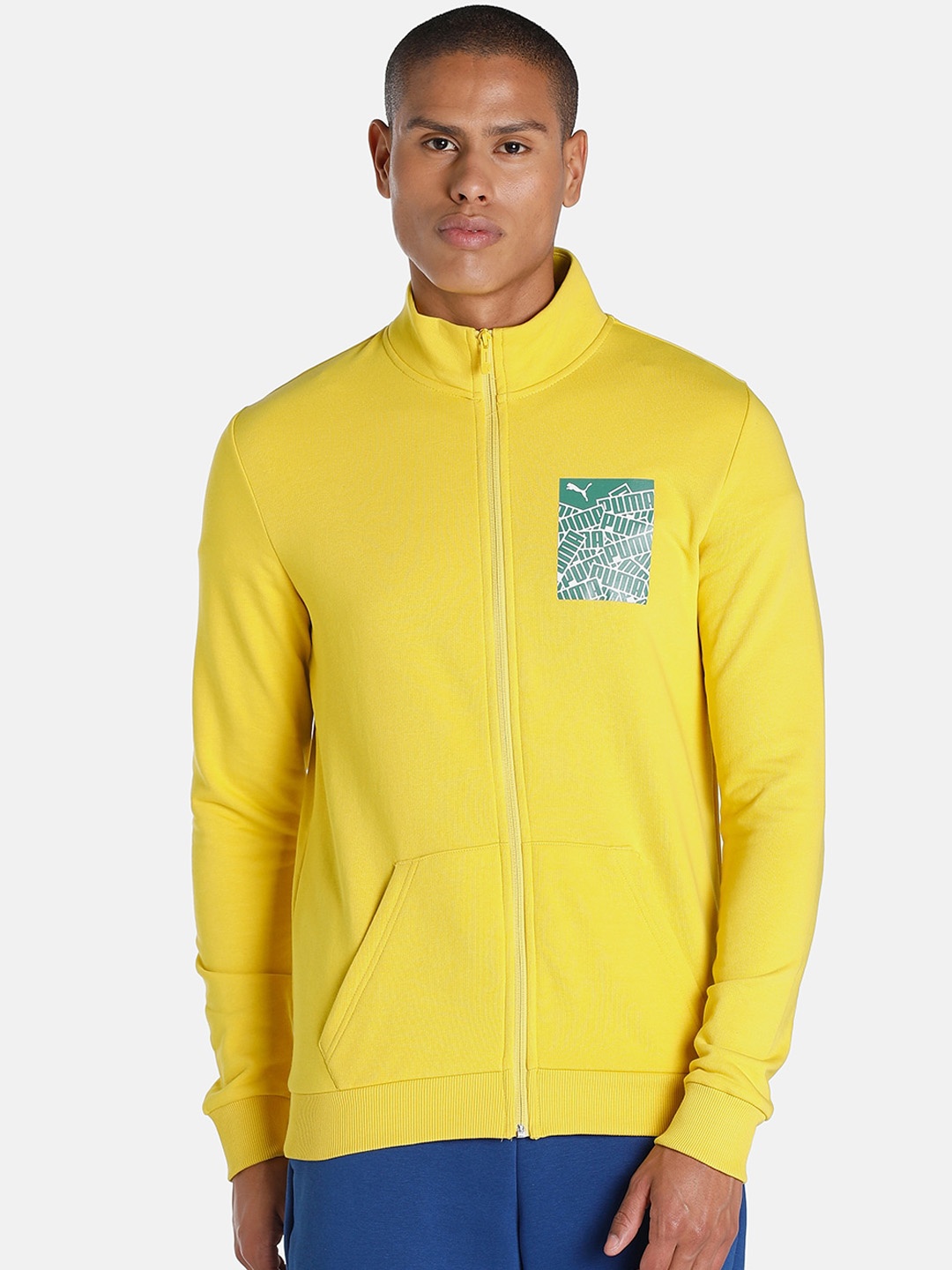 

Puma Men Slim Fit Graphic Logo Outdoor Sporty Jacket with Patchwork, Yellow