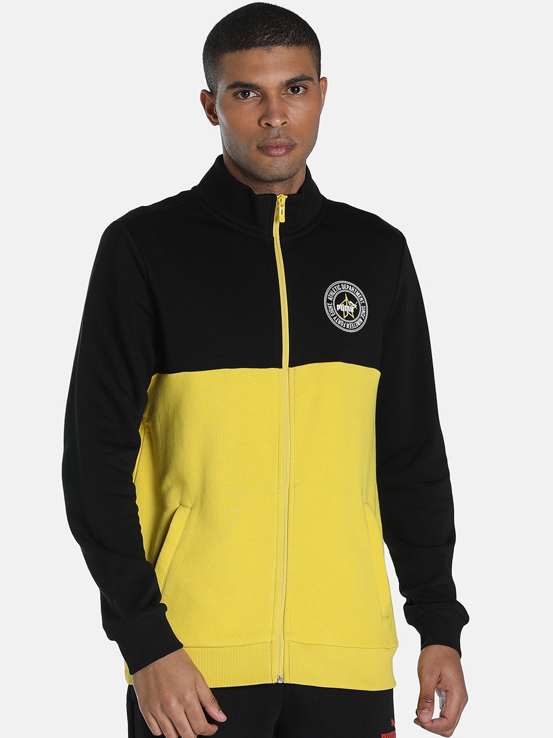 

Puma Men Yellow Black Colourblocked X 1DER KL Rahul Varsity Cotton Sporty Jacket