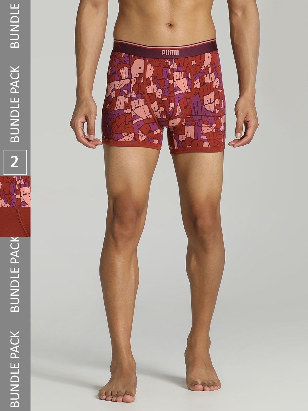 

Puma Men Pack Of 2 Solid Cotton Stretch Aop Trunks, Red