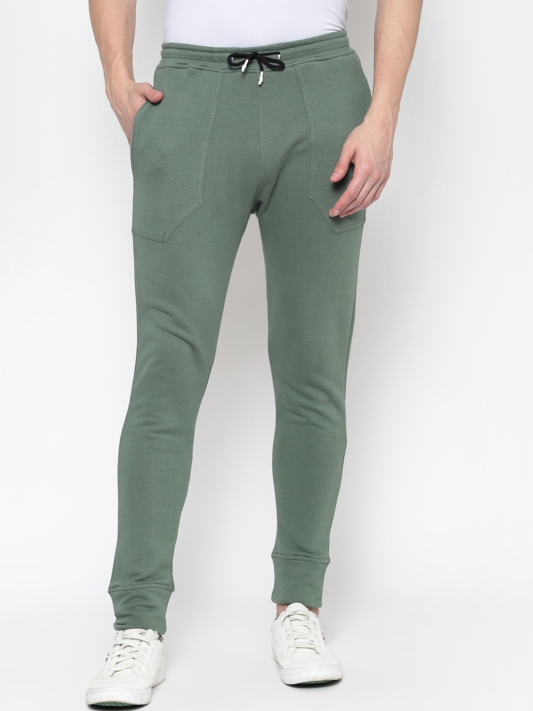 

PAUSE SPORT Men Olive Green Solid Slim-Fit Cotton Joggers