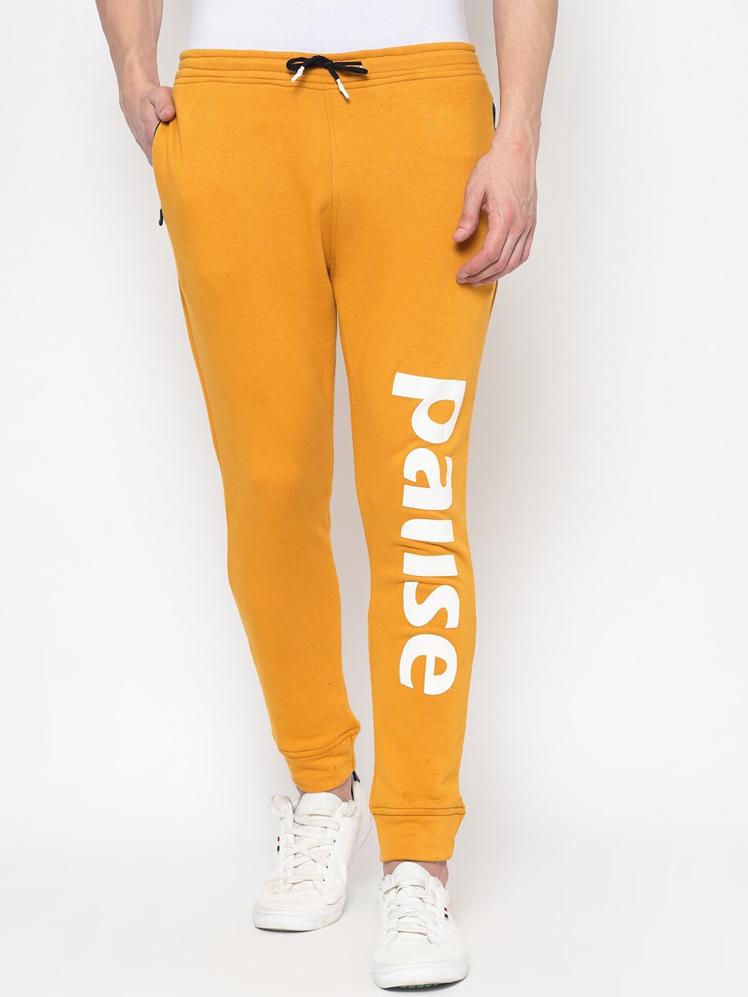 

PAUSE SPORT Men Mustard-Coloured Solid Cotton Slim-Fit Joggers