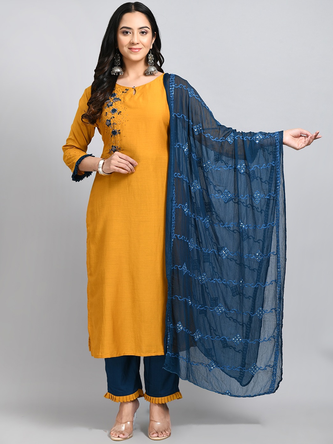 

DesiNoor.com Women Yellow Floral Embroidered Kurta with Trousers & With Dupatta