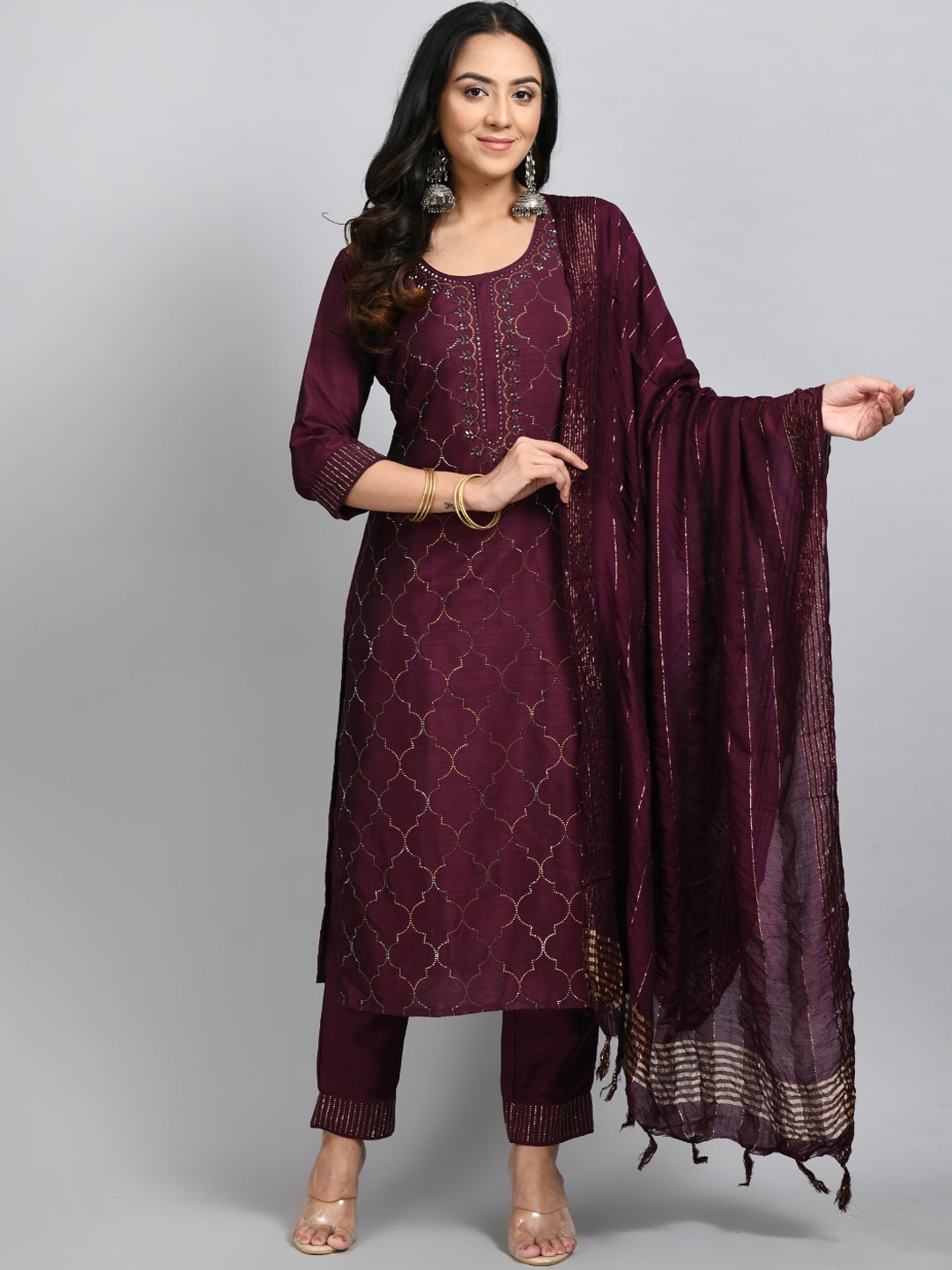 

DesiNoor.com Women Purple Ethnic Motifs Embroidered Kurta with Trousers & With Dupatta