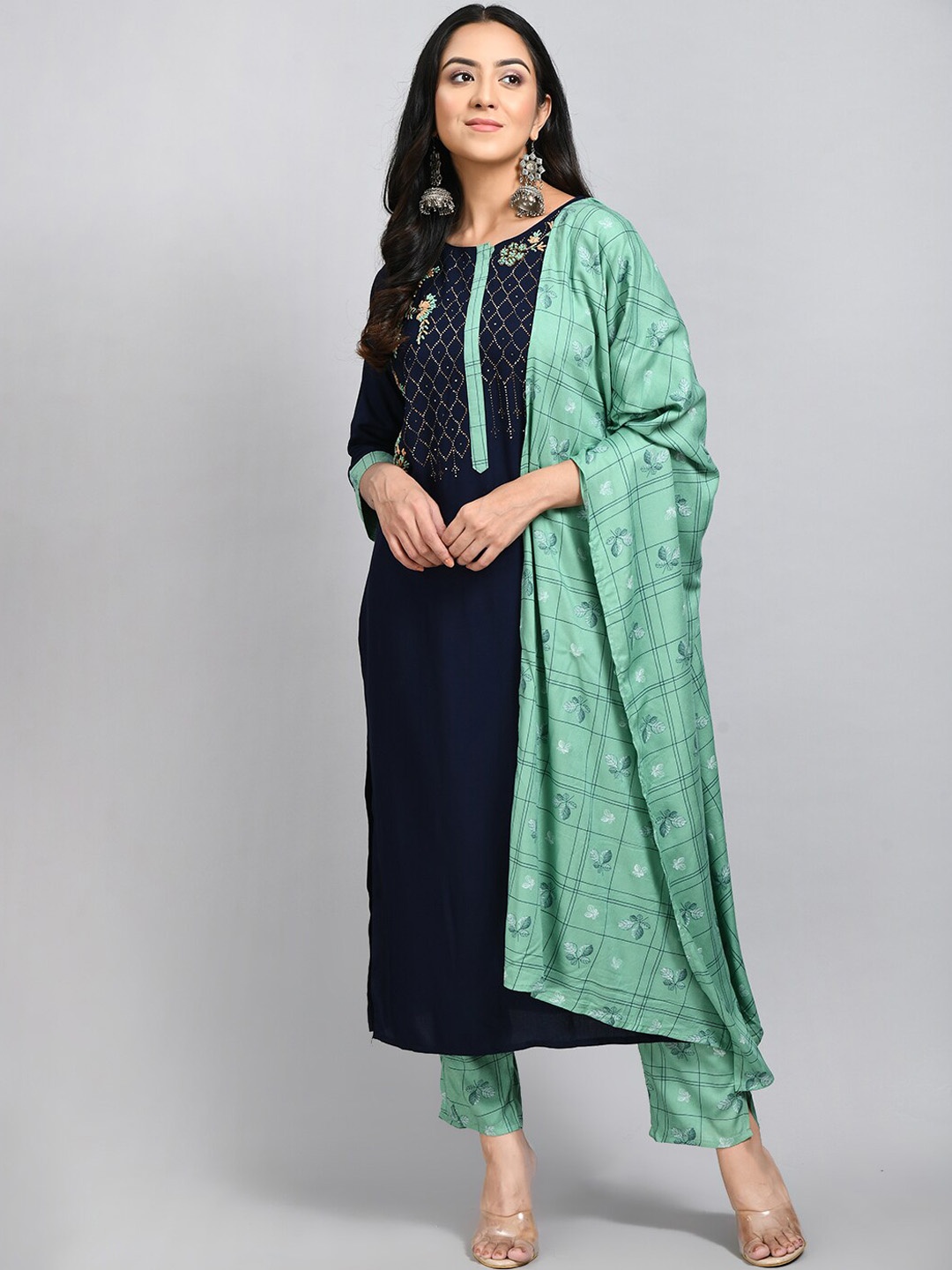 

DesiNoor.com Women Navy Blue Floral Embroidered Kurta with Trousers & With Dupatta