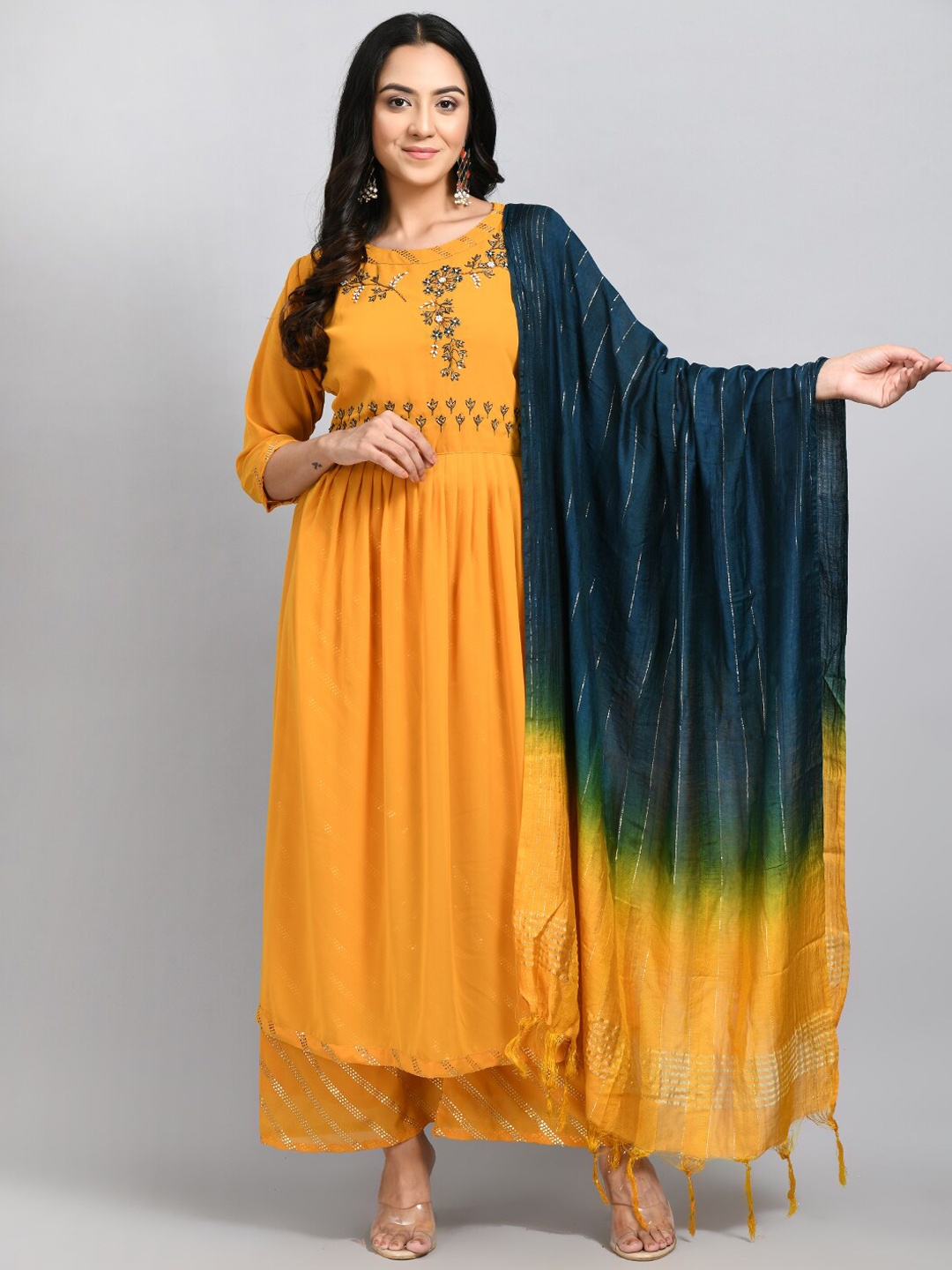 

DesiNoor.com Women Yellow Floral Embroidered Kurta with Palazzos & With Dupatta