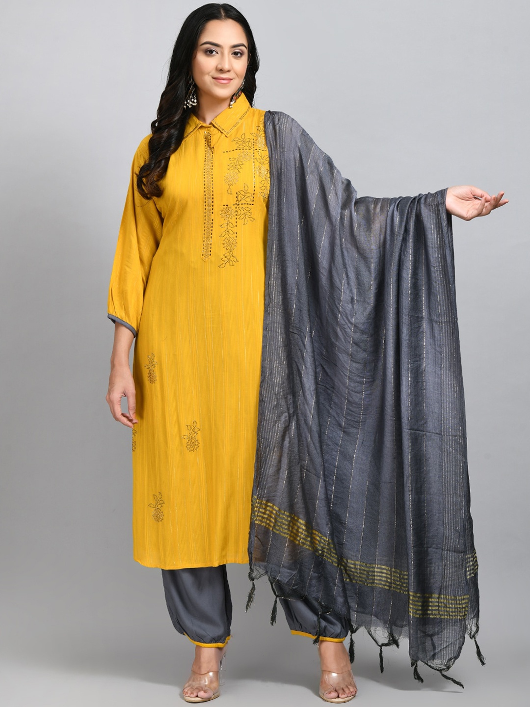 

DesiNoor.com Women Yellow Floral Embroidered Kurta with Trousers & With Dupatta