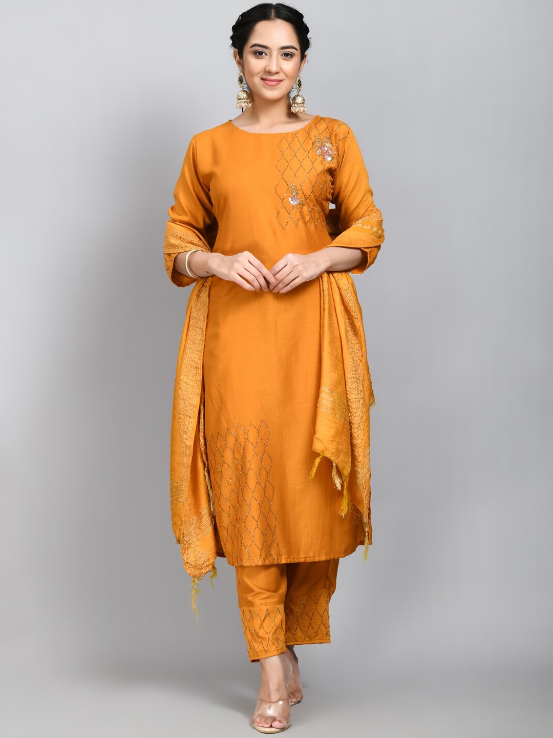 

DesiNoor.com Embellished Straight Kurta with Trousers & With Dupatta, Mustard