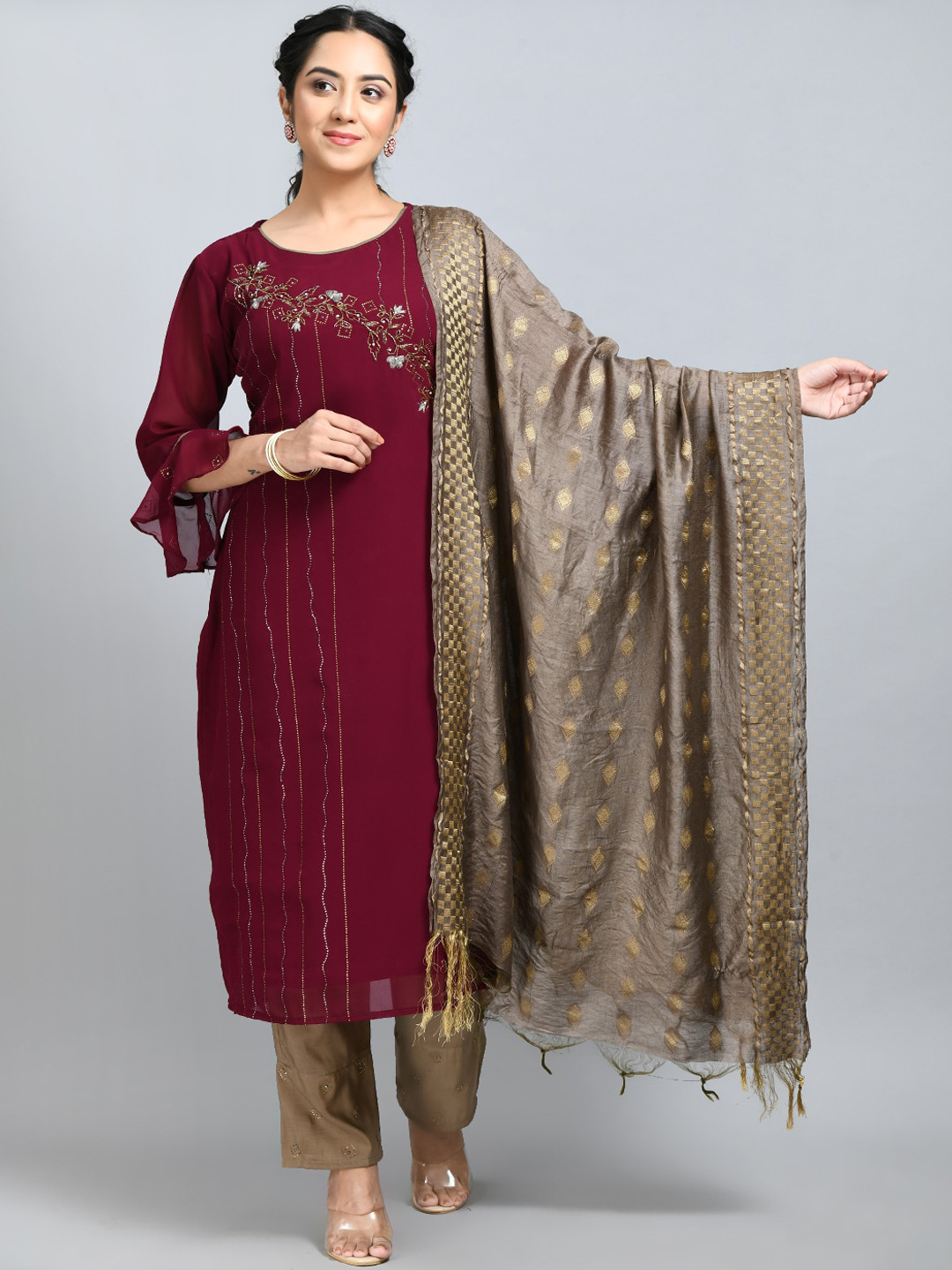 

DesiNoor.com Embroidered Straight Kurta with Trousers & With Dupatta, Maroon