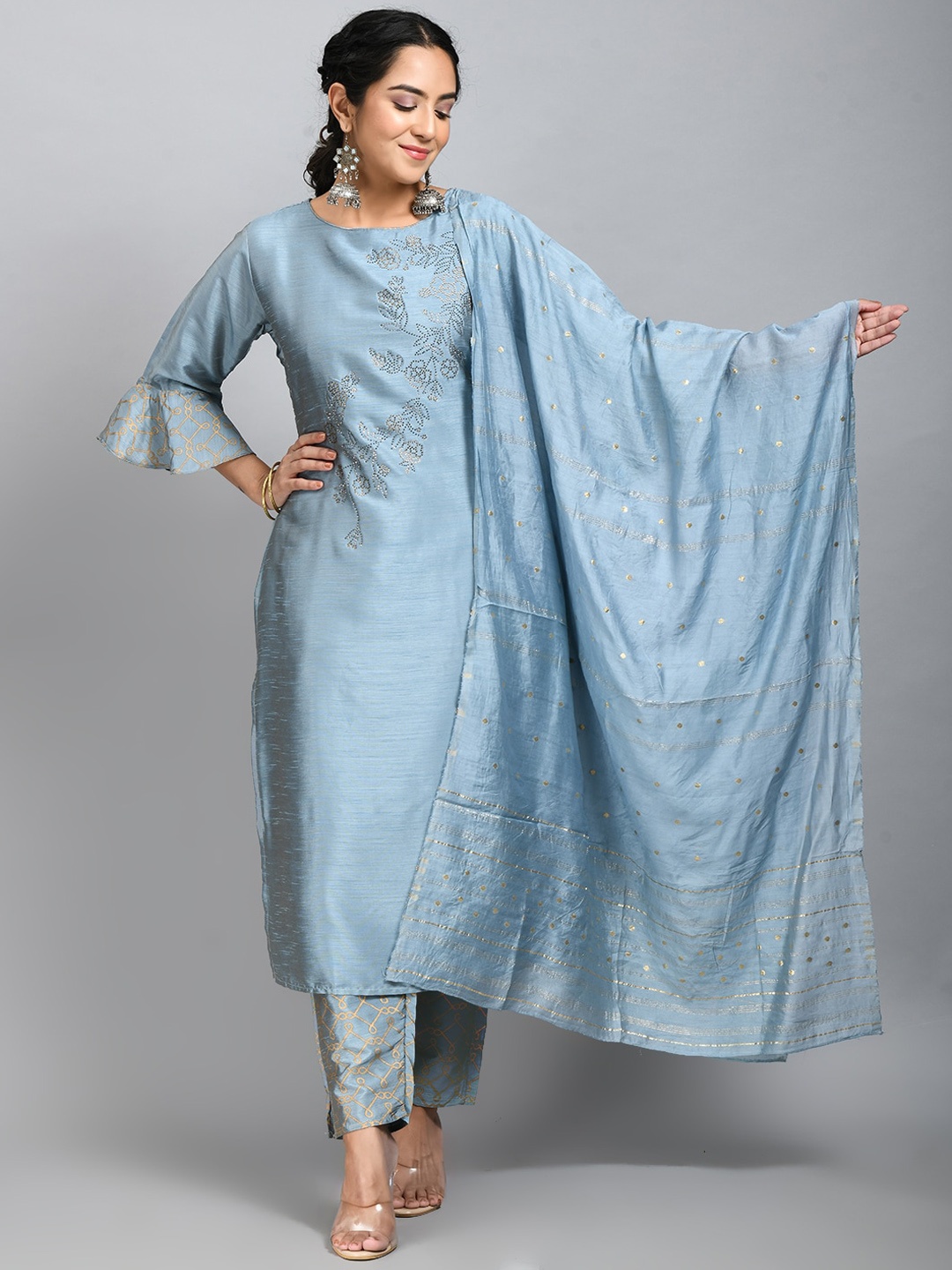 

DesiNoor.com Embellished Straight Kurta with Trousers & With Dupatta, Blue