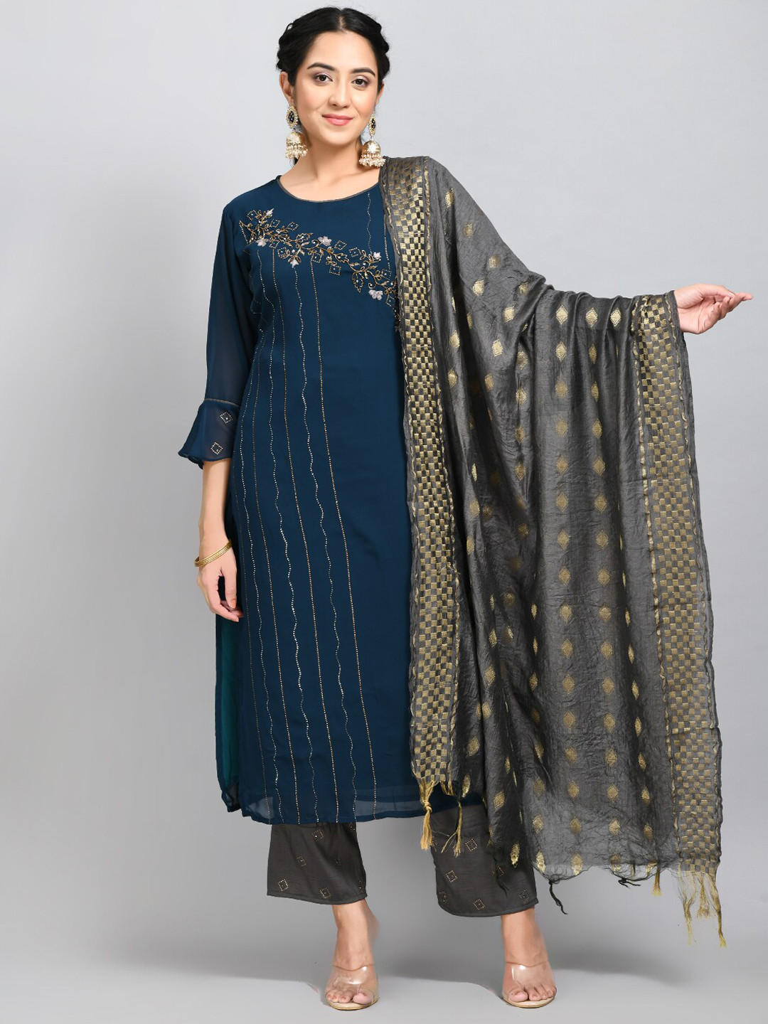 

DesiNoor.com Embellished Straight Kurta with Trousers & With Dupatta, Teal