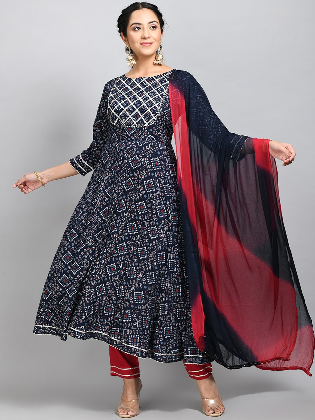 

DesiNoor.com Women Navy Blue Bandhani Printed Gotta Patti Kurta with Trouser & Dupatta Set