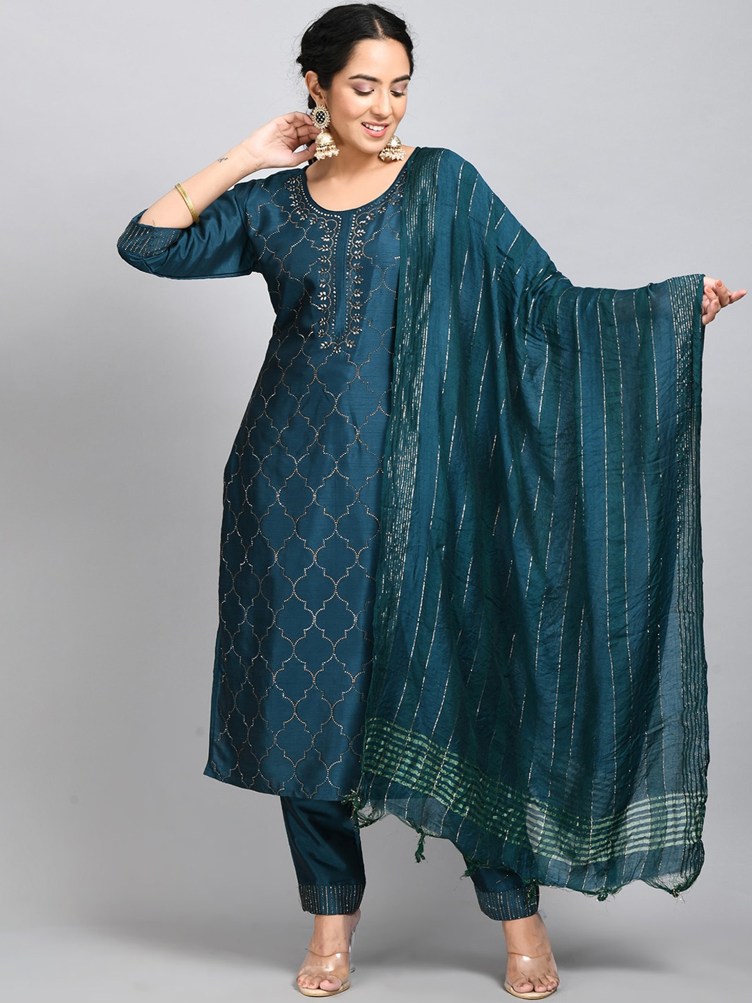 

DesiNoor.com Women Teal Blue Beads and Stones Embroidered Kurta with Trouser & Dupatta Set