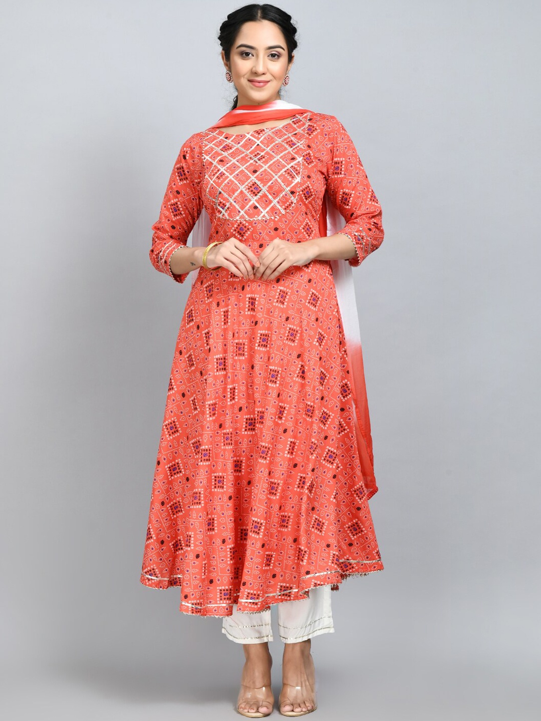 

DesiNoor.com Women Pink Bandhani Printed Gotta Patti Kurta with Trouser & Dupatta Set