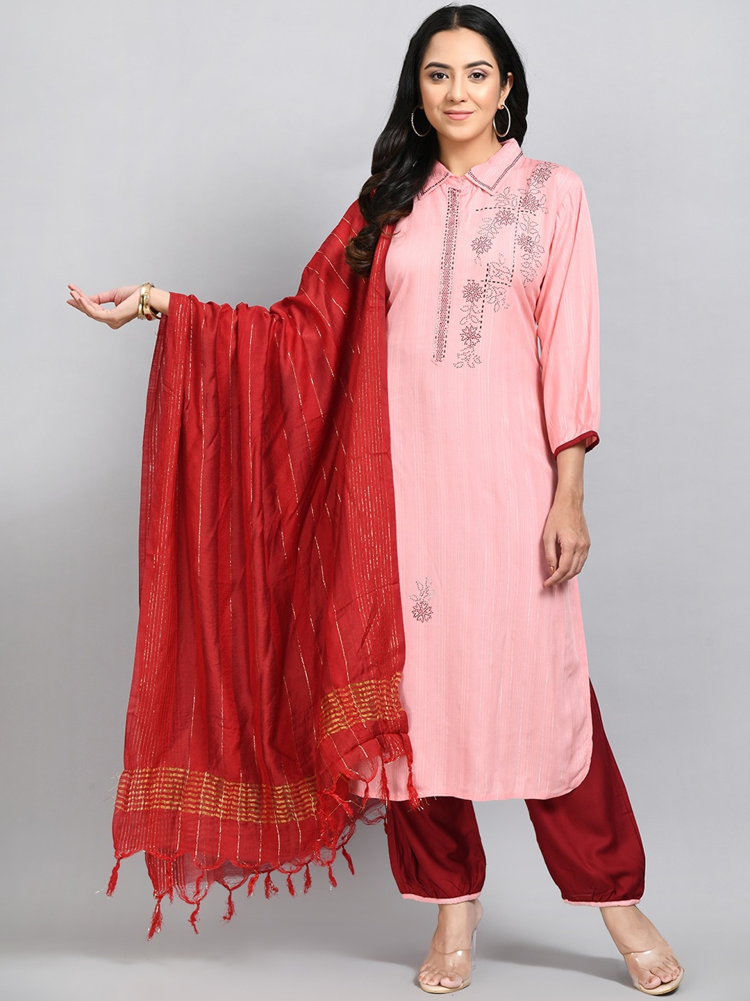 

DesiNoor.com Women Peach-Coloured Embroidered Kurta with Trouser & Dupatta Set