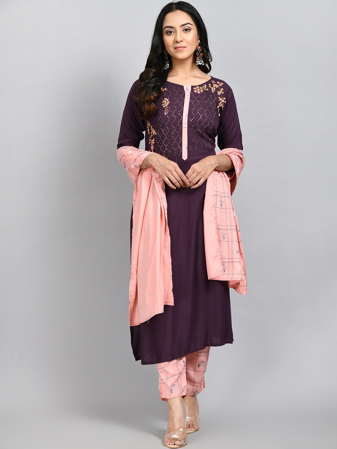 

DesiNoor.com Floral Embroidered Beads and Stones Kurta with Trousers & With Dupatta, Purple