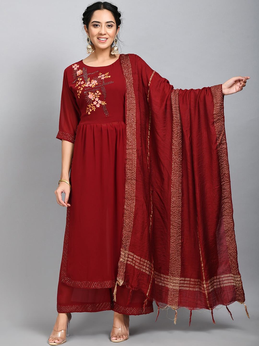 

DesiNoor.com Floral Embroidered Pleated Beads and Stones Kurta with Palazzos & Dupatta, Red