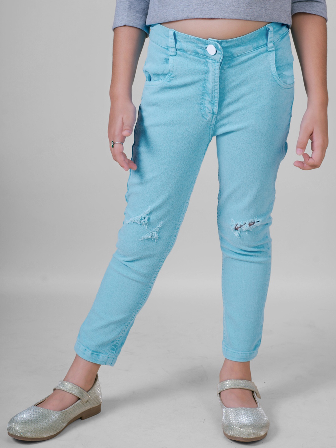 

Little Carrot Girls Turquoise Comfort Slash Knee Stretchable Cotton Jeans, Turquoise blue