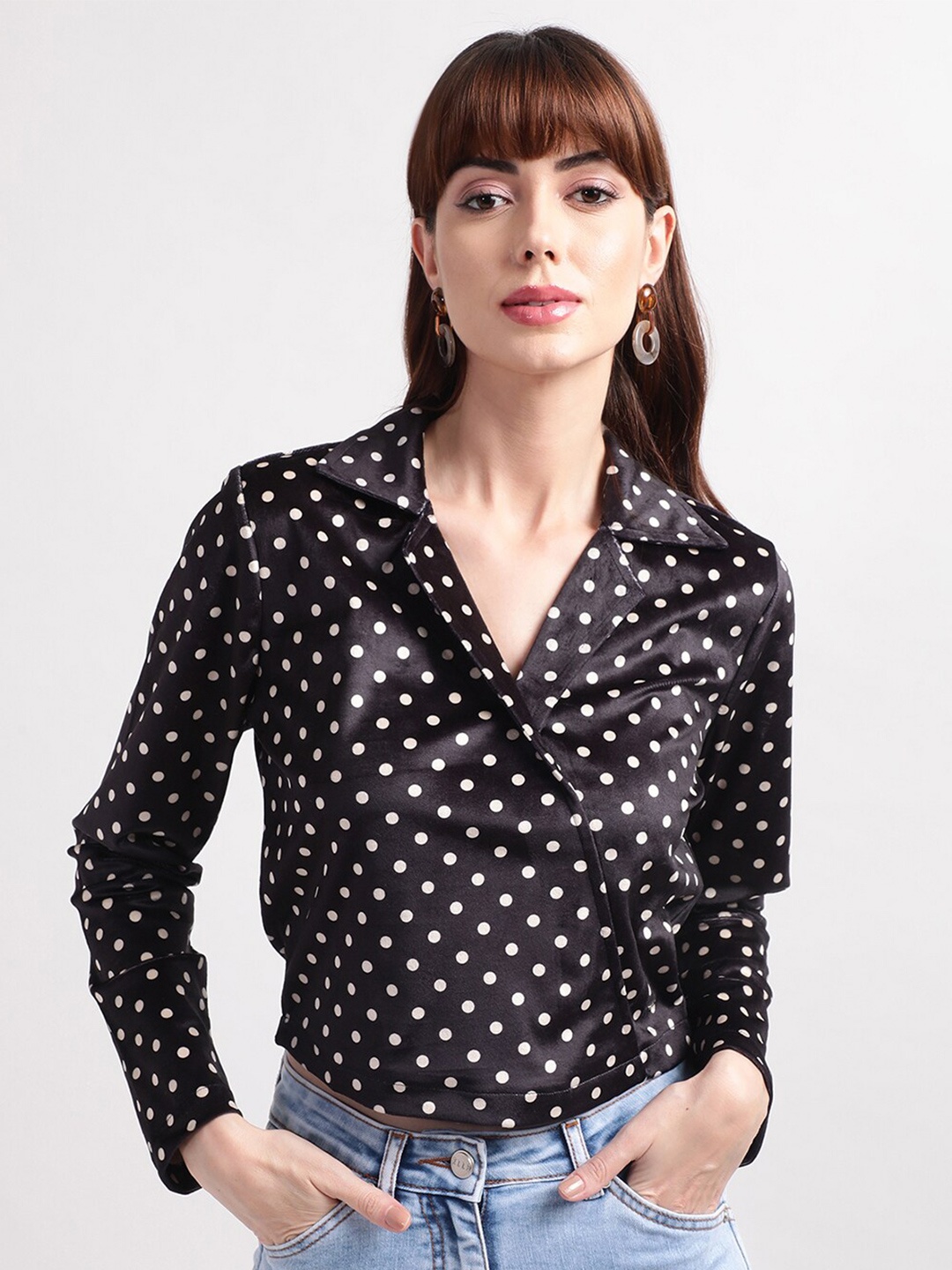 

ELLE Women Black & White Polka Dots Printed Wrap Top