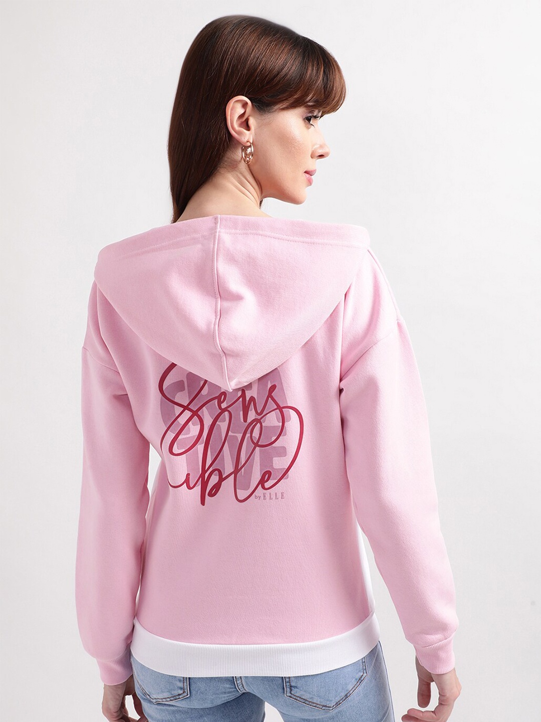 

ELLE Women Pink & White Colourblocked Cotton Hooded Sweatshirt