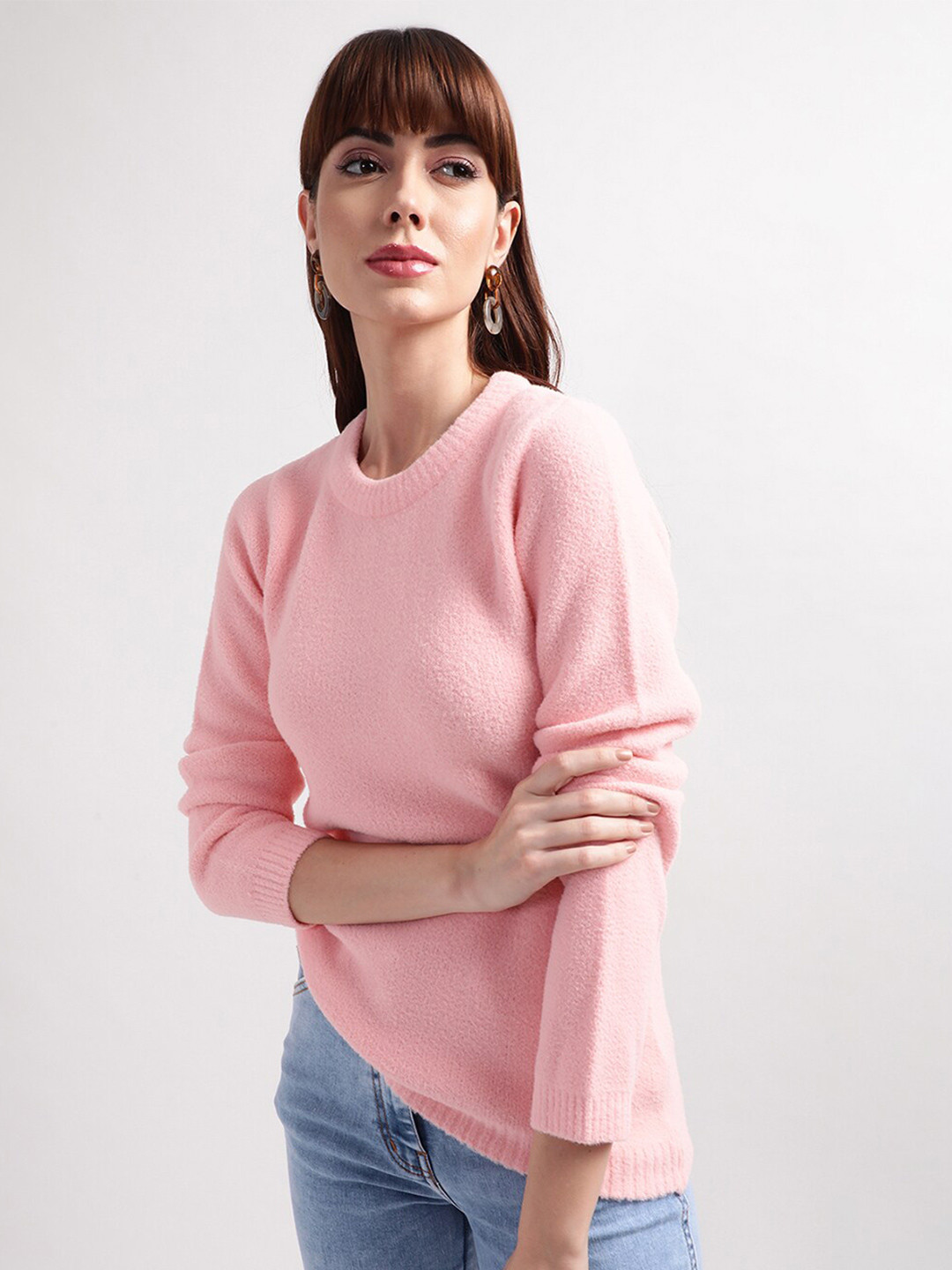 

ELLE Women Pink Solid Cotton Round Neck Pullover