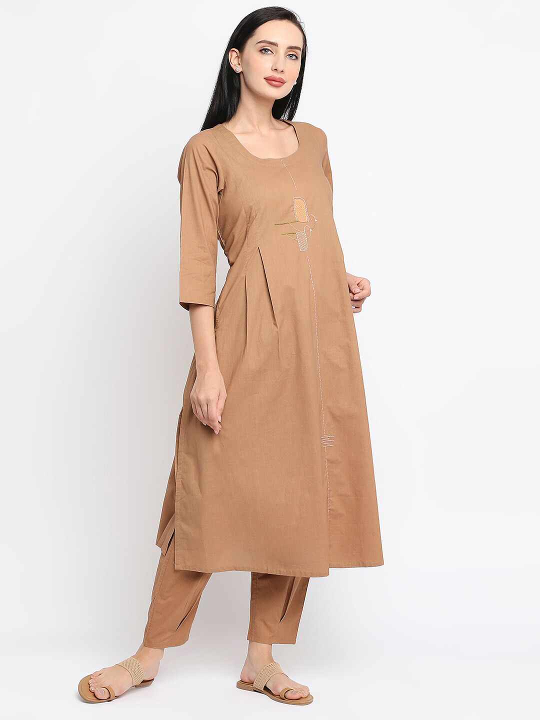 

Orbbaan Women Beige Embroidered Pleated Pure Cotton Kurta with Trouser