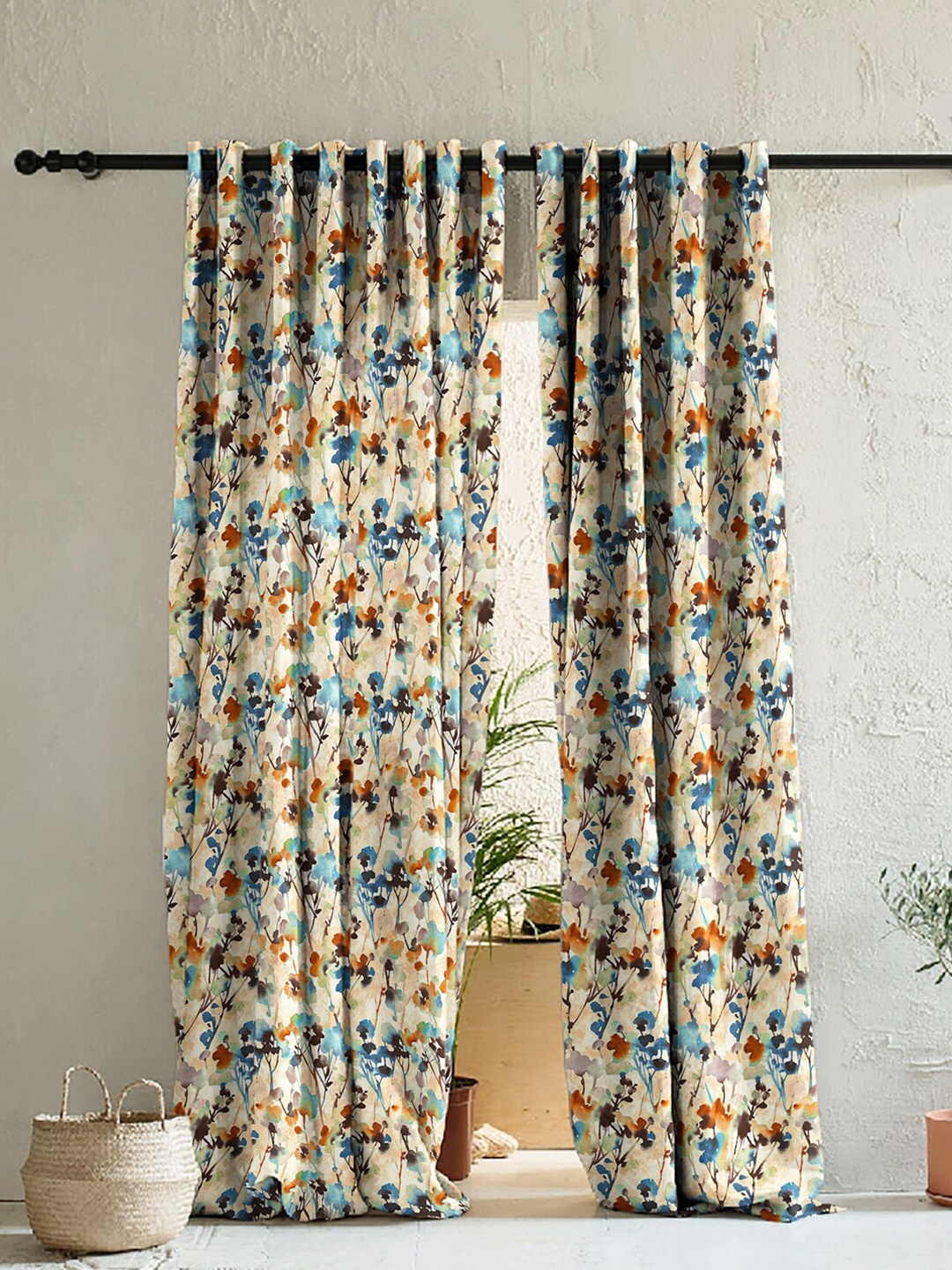 

SPACES Set of 2 Beige & Blue Floral Room Darkening Door Curtains
