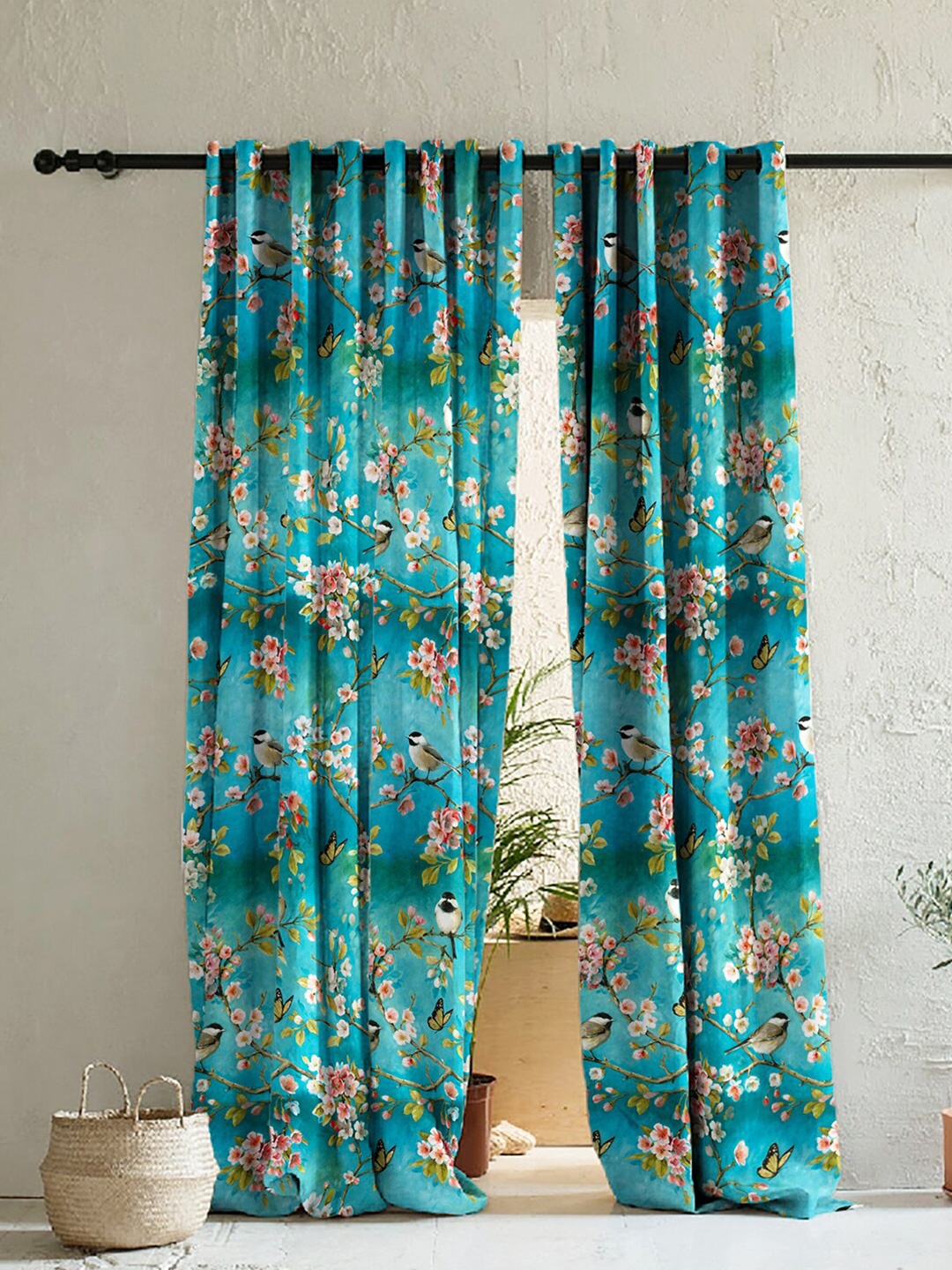 

SPACES Turquoise Set of 2 Blue & White Floral Room Darkening Door Curtains, Turquoise blue