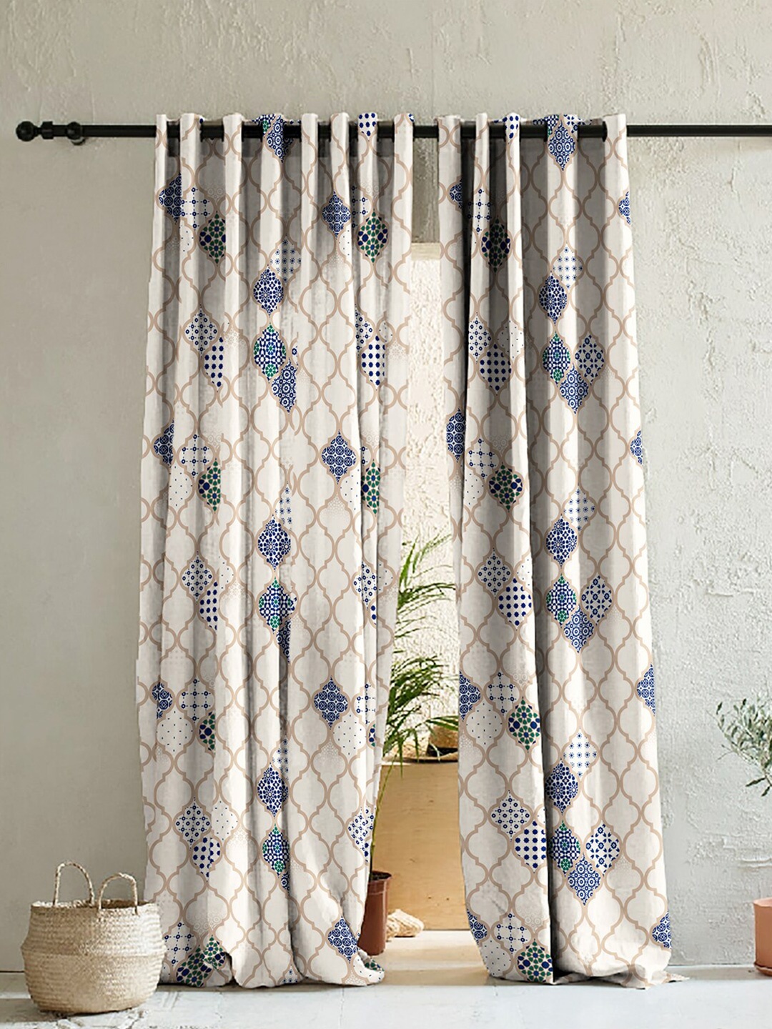

SPACES Set of 2 Cream-Coloured & Blue Geometric Room Darkening Door Curtain
