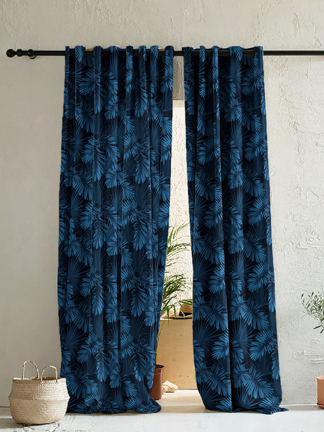

SPACES Set of 2 Navy Blue & Blue Floral Room Darkening Door Curtains