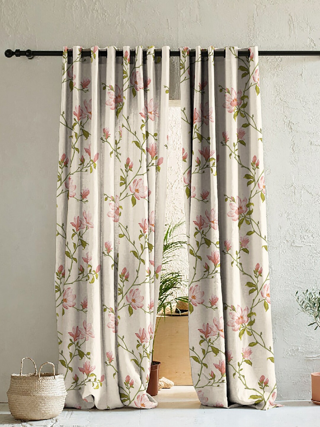 

SPACES Set of 2 Beige & Pink Floral Room Darkening Door Curtains