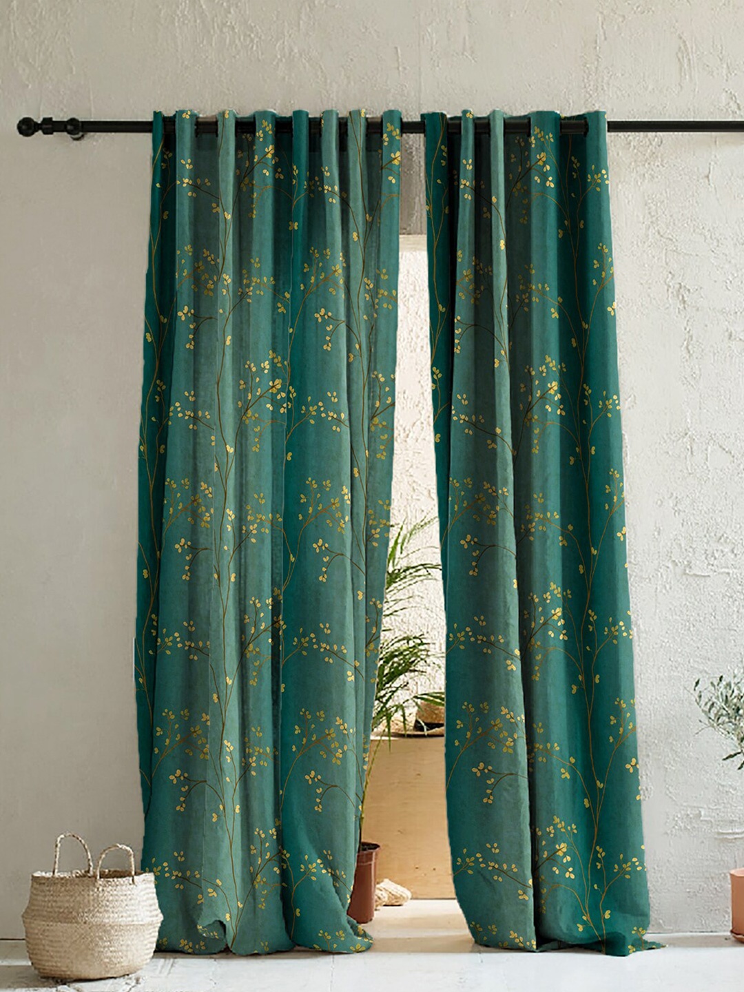 

SPACES Set of 2 Teal & Yellow Floral Room Darkening Door Curtains