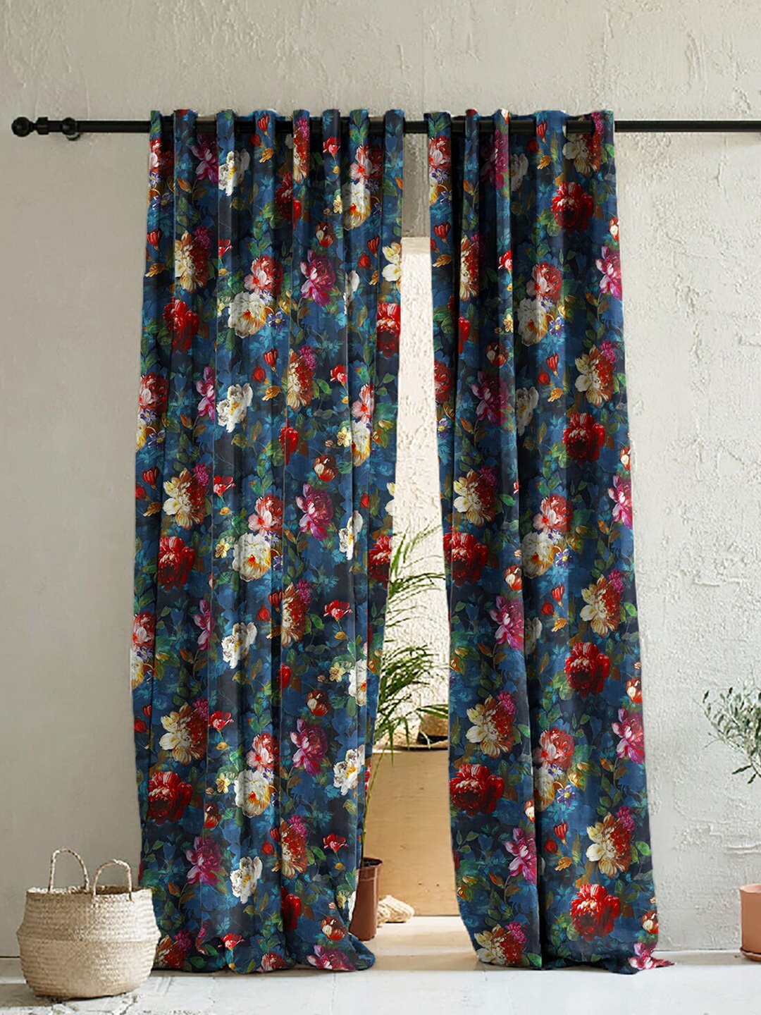 

SPACES Set of 2 Blue & White Floral Room Darkening Door Curtains