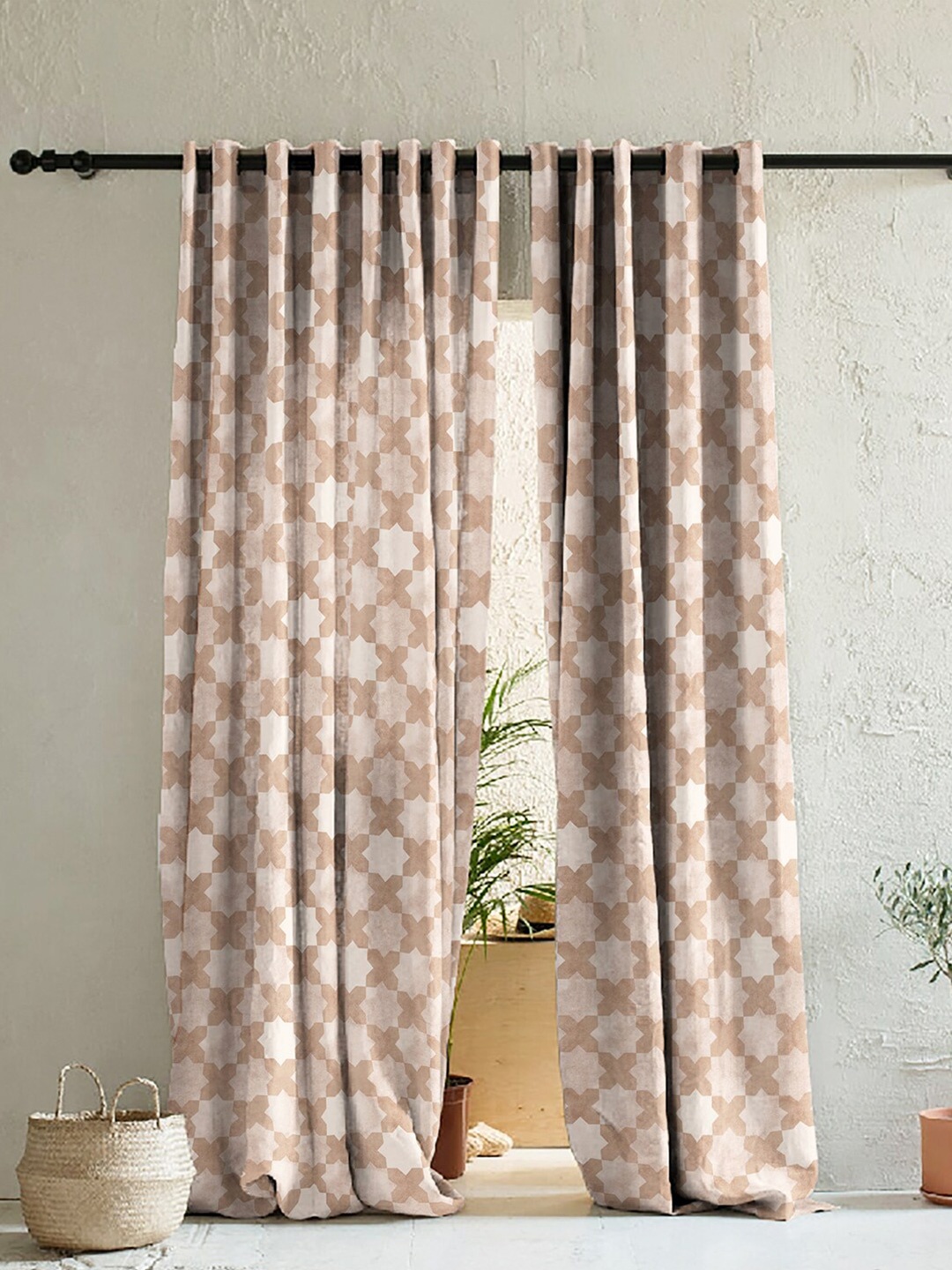 

SPACES Set of 2 Brown & White Geometric Room Darkening Door Curtains