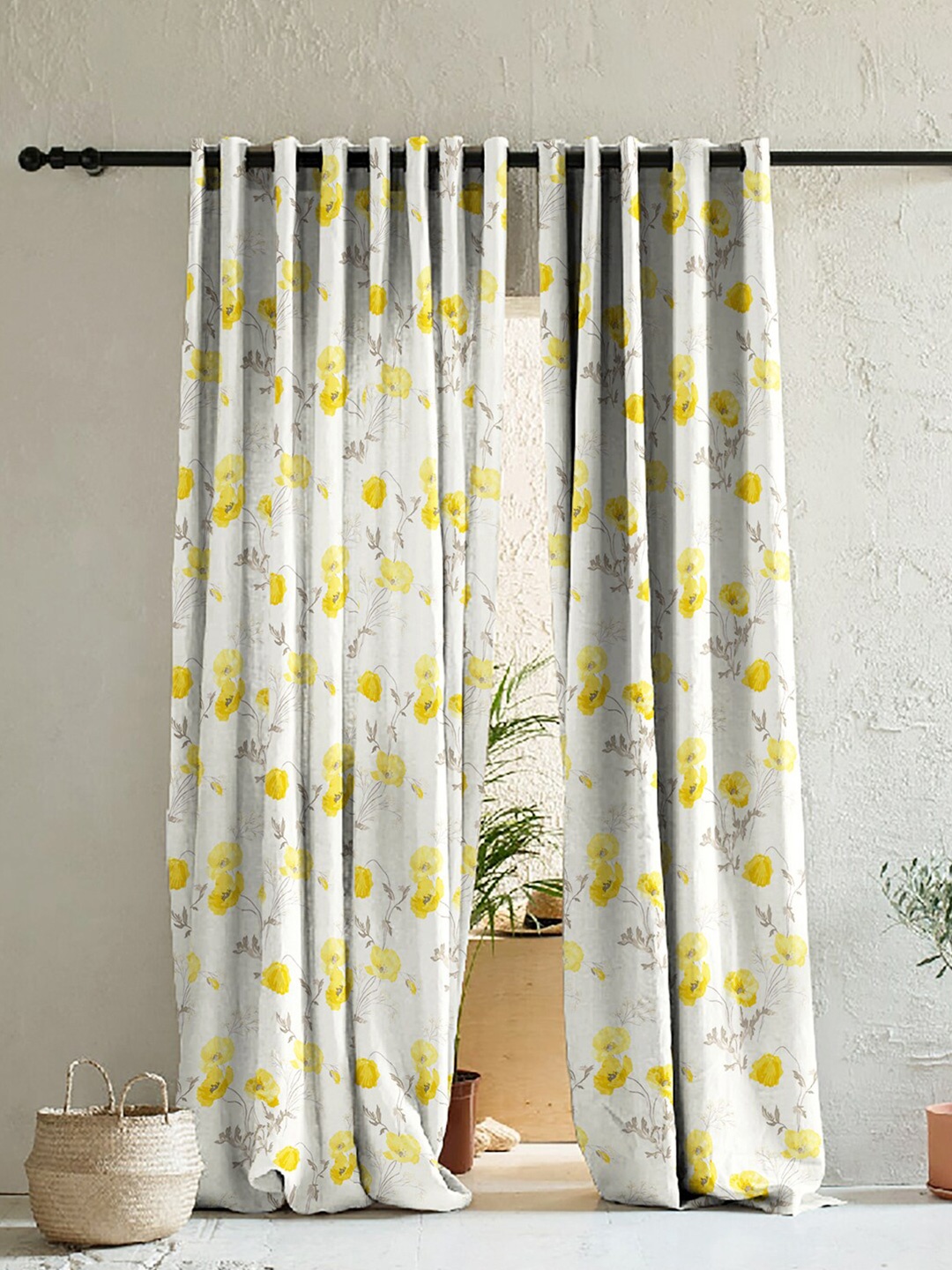 

SPACES Set of 2 White & Yellow Floral Room Darkening Door Curtains